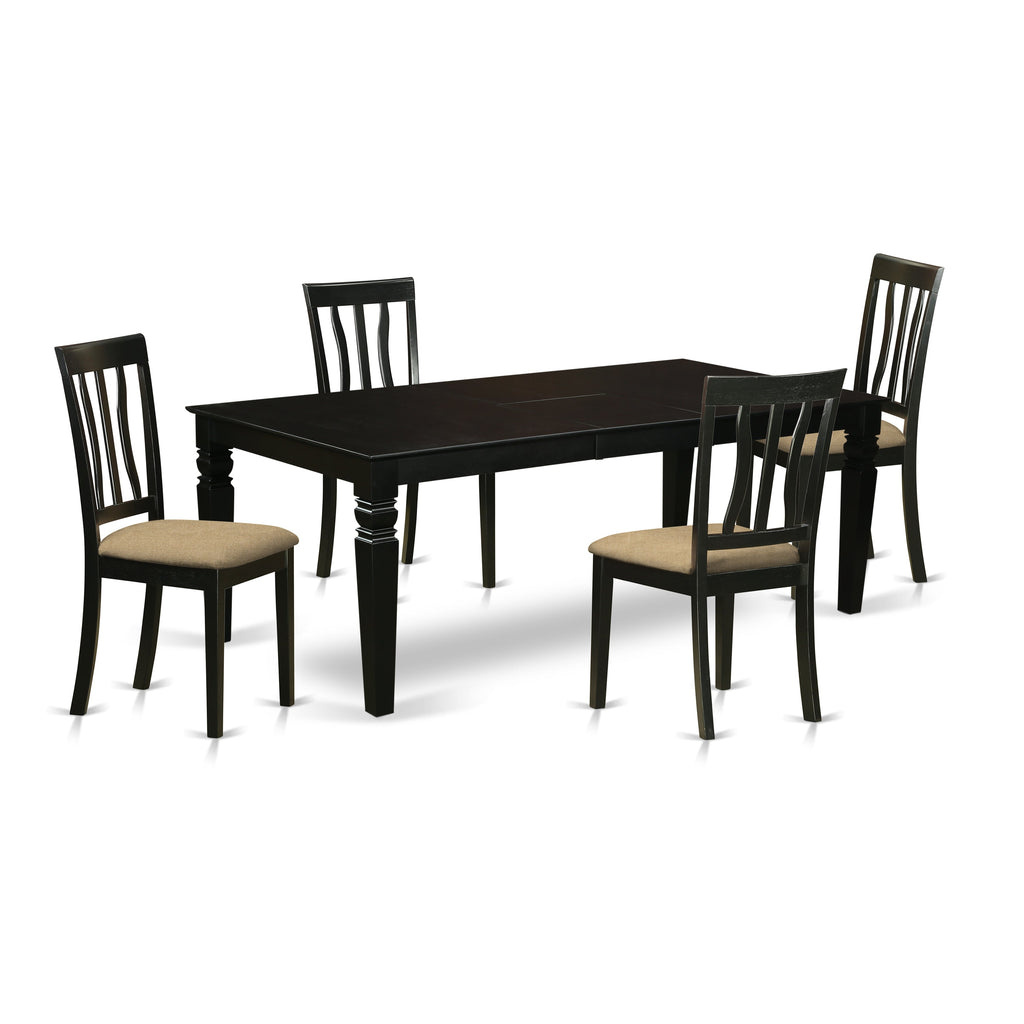 Juego de comedor de 5 piezas East West Furniture LGAN5-BLK-C para 4 personas. Incluye una mesa de comedor rectangular con diseño de hojas de mariposa y 4 sillas de comedor de tela de lino.