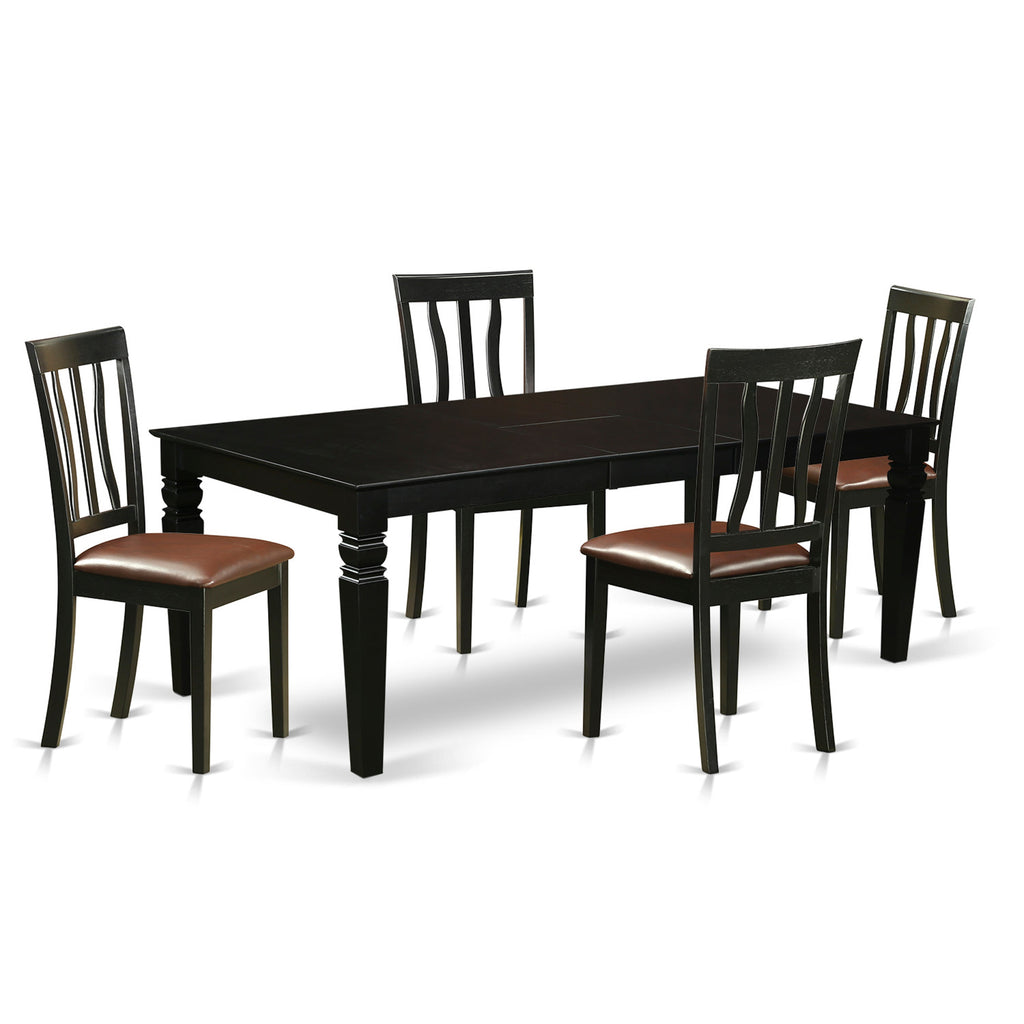 El juego de mesa de comedor de 5 piezas East West Furniture LGAN5-BLK-LC incluye una mesa rectangular de madera con diseño de hojas de mariposa y 4 sillas de comedor de cocina de cuero sintético.