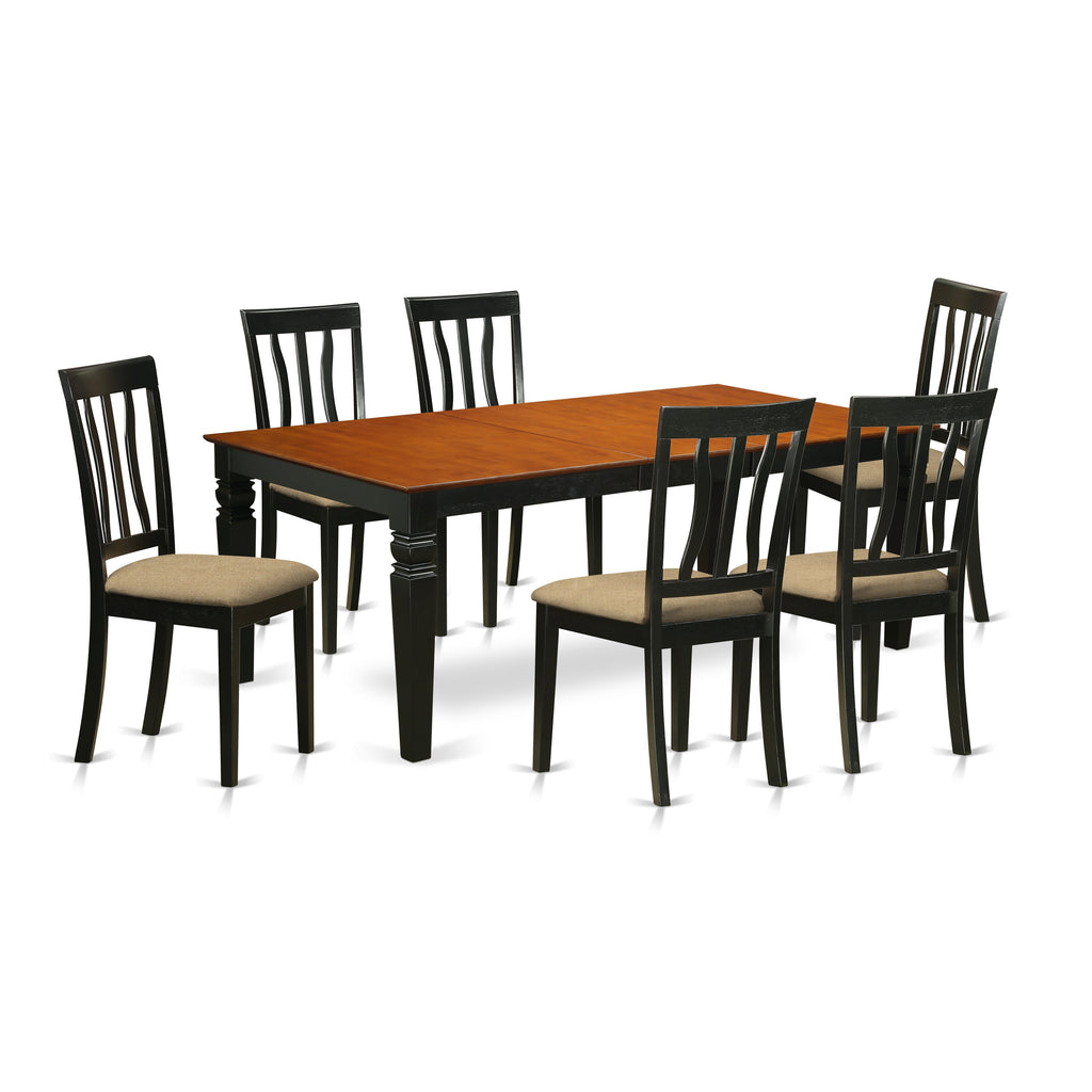 El juego de mesa de comedor East West Furniture LGAN7-BCH-C de 7 piezas consta de una mesa rectangular de madera con diseño de hojas de mariposa y 6 sillas de comedor de tela de lino.