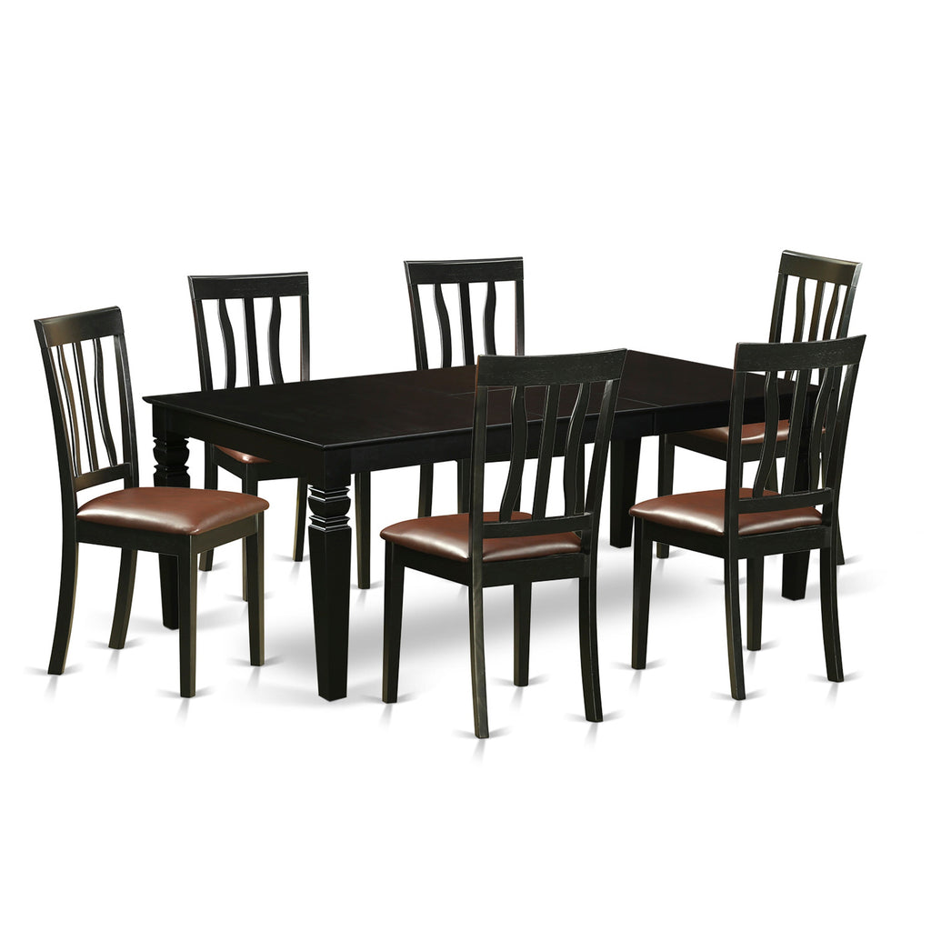 Juego de mesa de cocina de 7 piezas East West Furniture LGAN7-BLK-LC. Incluye una mesa de comedor rectangular con diseño de hojas de mariposa y 6 sillas de comedor de piel sintética.