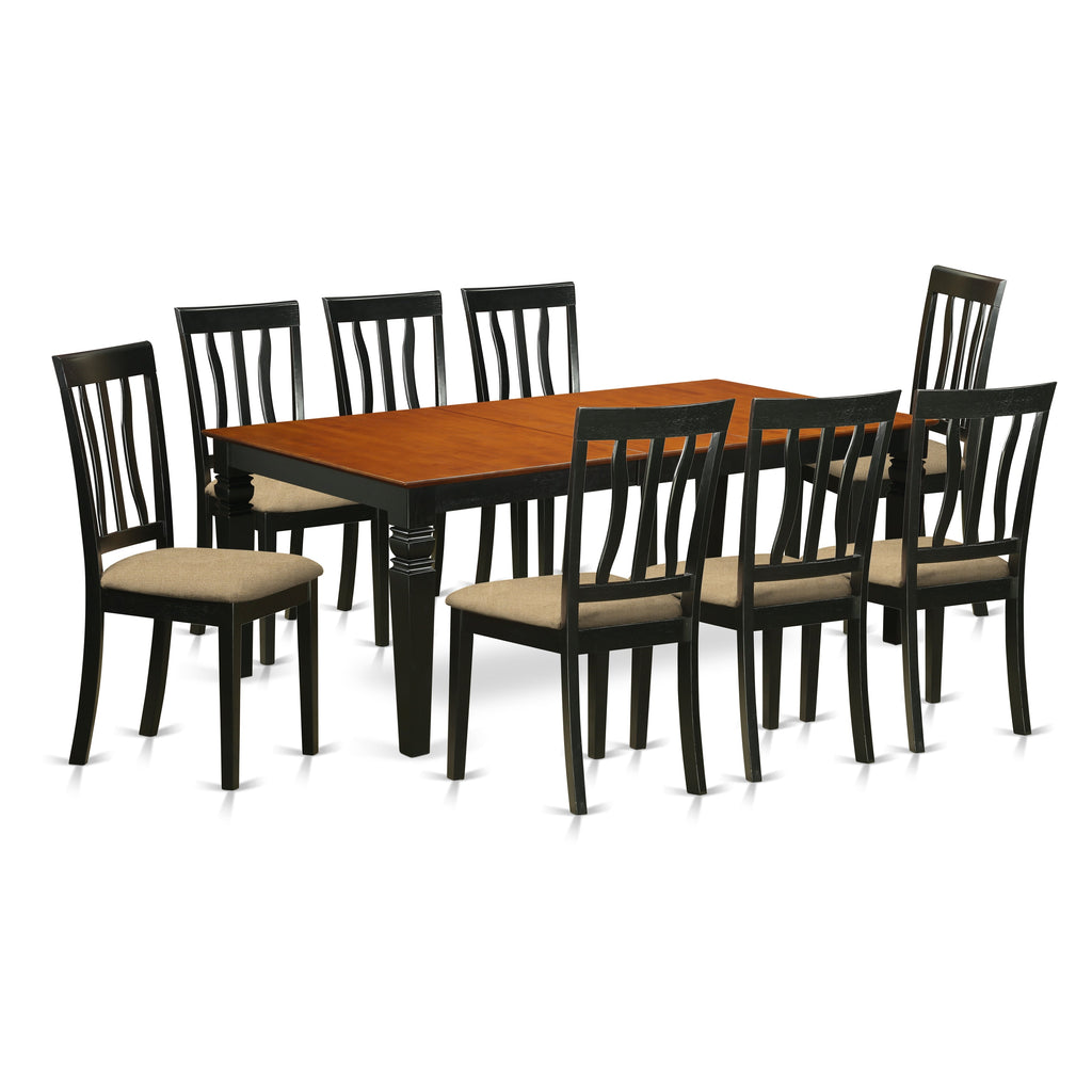 Juego de comedor East West Furniture LGAN9-BCH-C de 9 piezas. Incluye una mesa de comedor rectangular con diseño de hojas de mariposa y 8 sillas tapizadas en tela de lino.