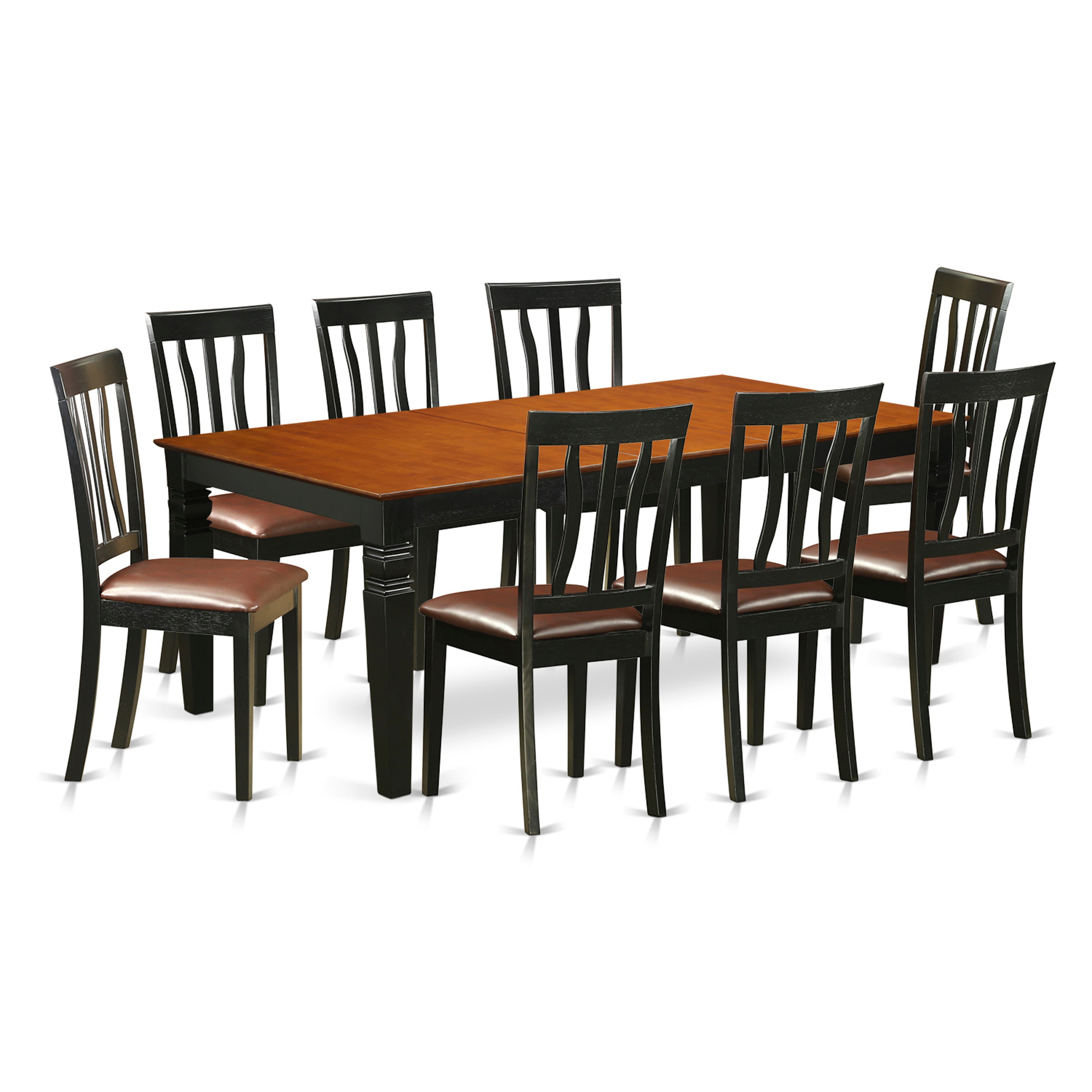 Juego de mesa y sillas de cocina de 9 piezas LGAN9-BCH-LC de East West Furniture. Incluye una mesa de comedor rectangular con diseño de hojas de mariposa y 8 sillas tapizadas en piel sintética.