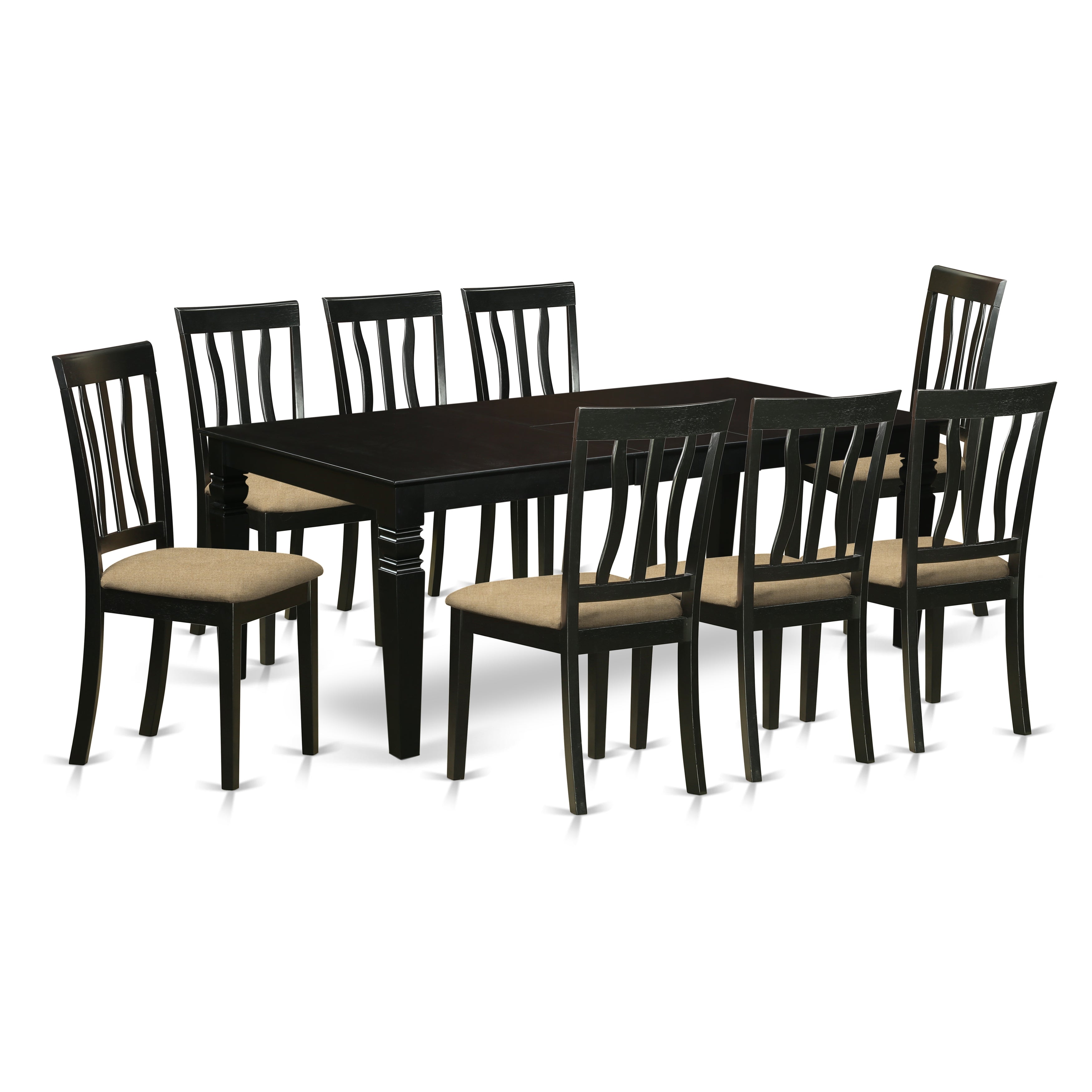 El juego de mesa de comedor East West Furniture LGAN9-BLK-C de 9 piezas incluye una mesa de cocina rectangular con diseño de hojas de mariposa y 8 sillas de comedor tapizadas en tela de lino.