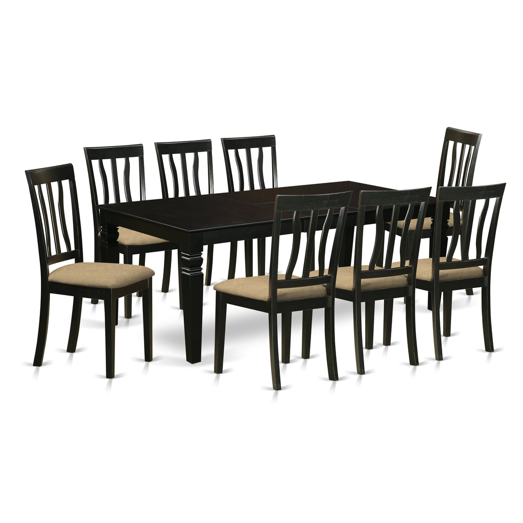 El juego de mesa de comedor East West Furniture LGAN9-BLK-C de 9 piezas incluye una mesa de cocina rectangular con diseño de hojas de mariposa y 8 sillas de comedor tapizadas en tela de lino.