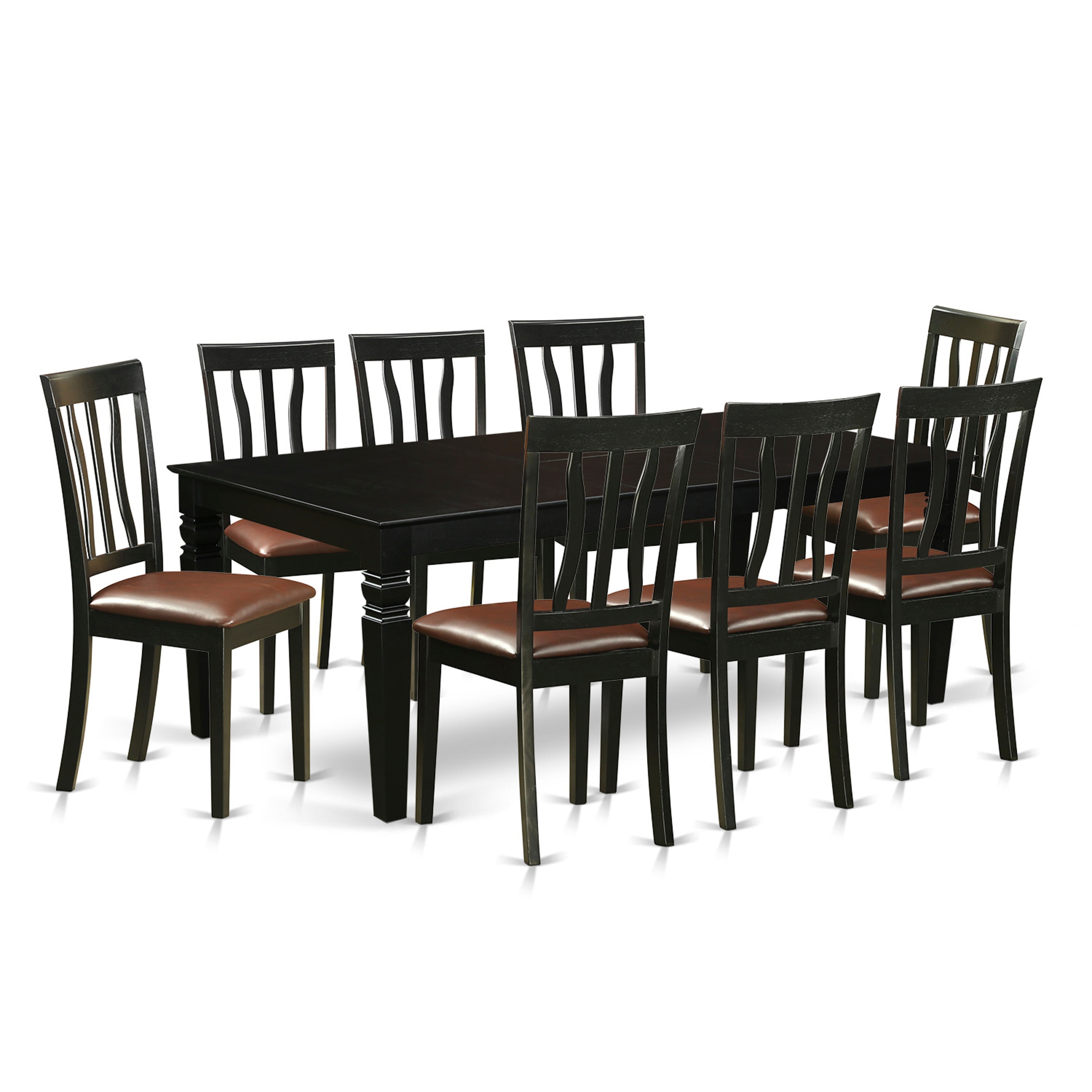El juego de mesa de comedor East West Furniture LGAN9-BLK-LC de 9 piezas incluye una mesa de comedor rectangular con diseño de hojas de mariposa y 8 sillas de comedor de cuero sintético.