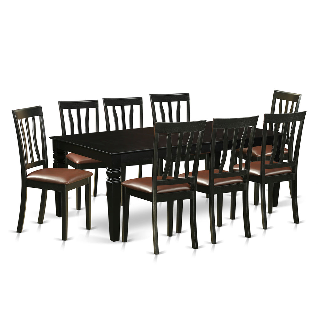 East West Furniture LGAN9-BLK-LC 9 Piece Dining Table Set Includes a Rectangle Dinner Table with Butterfly Leaf and 8 Faux Leather Dining Room Chairs