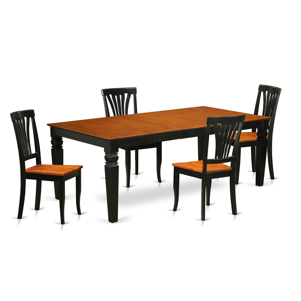 Juego de mesa y sillas de cocina de 5 piezas LGAV5-BCH-W de East West Furniture. Incluye una mesa de comedor rectangular con diseño de hojas de mariposa y 4 sillas de madera maciza.