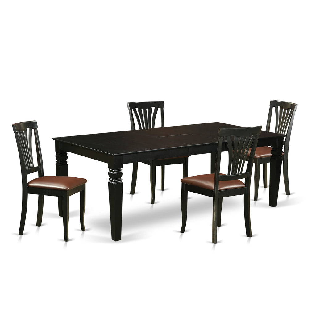 El juego de comedor de 5 piezas LGAV5-BLK-LC de East West Furniture incluye una mesa de comedor rectangular con diseño de hojas de mariposa y 4 sillas de comedor tapizadas en piel sintética.