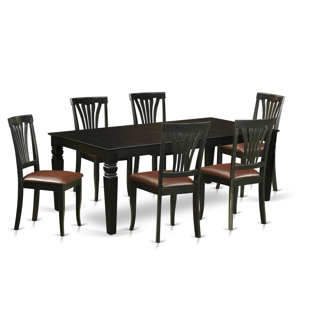 Juego de mesa y sillas de cocina East West Furniture LGAV7-BLK-LC de 7 piezas. Incluye una mesa rectangular de madera con diseño de hojas de mariposa y 6 sillas de comedor de piel sintética.