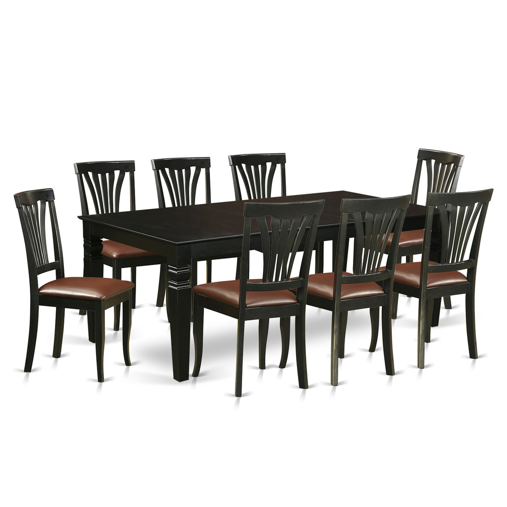 El juego de comedor East West Furniture LGAV9-BLK-LC de 9 piezas incluye una mesa de comedor rectangular con diseño de hojas de mariposa y 8 sillas tapizadas en piel sintética.
