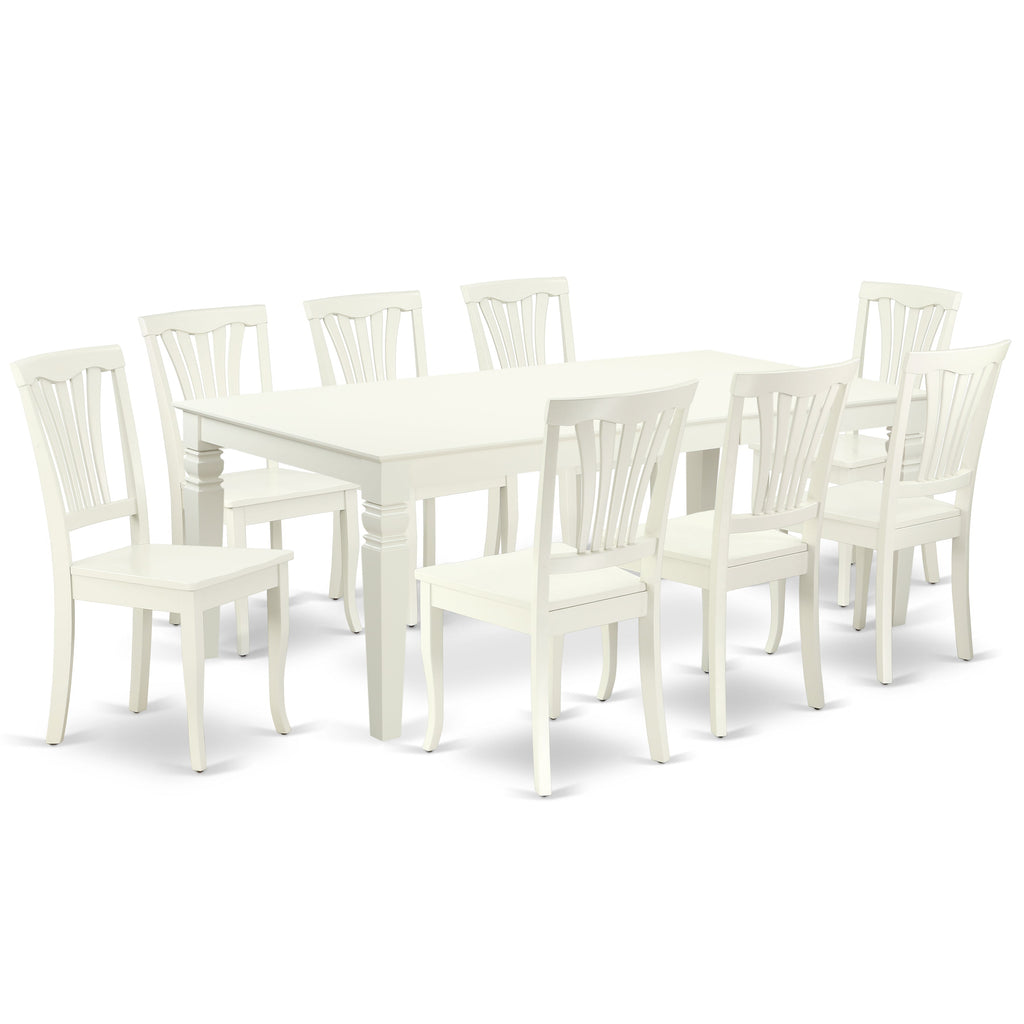 El juego de comedor East West Furniture LGAV9-LWH-W de 9 piezas incluye una mesa de cocina rectangular con diseño de hojas de mariposa y 8 sillas de comedor.