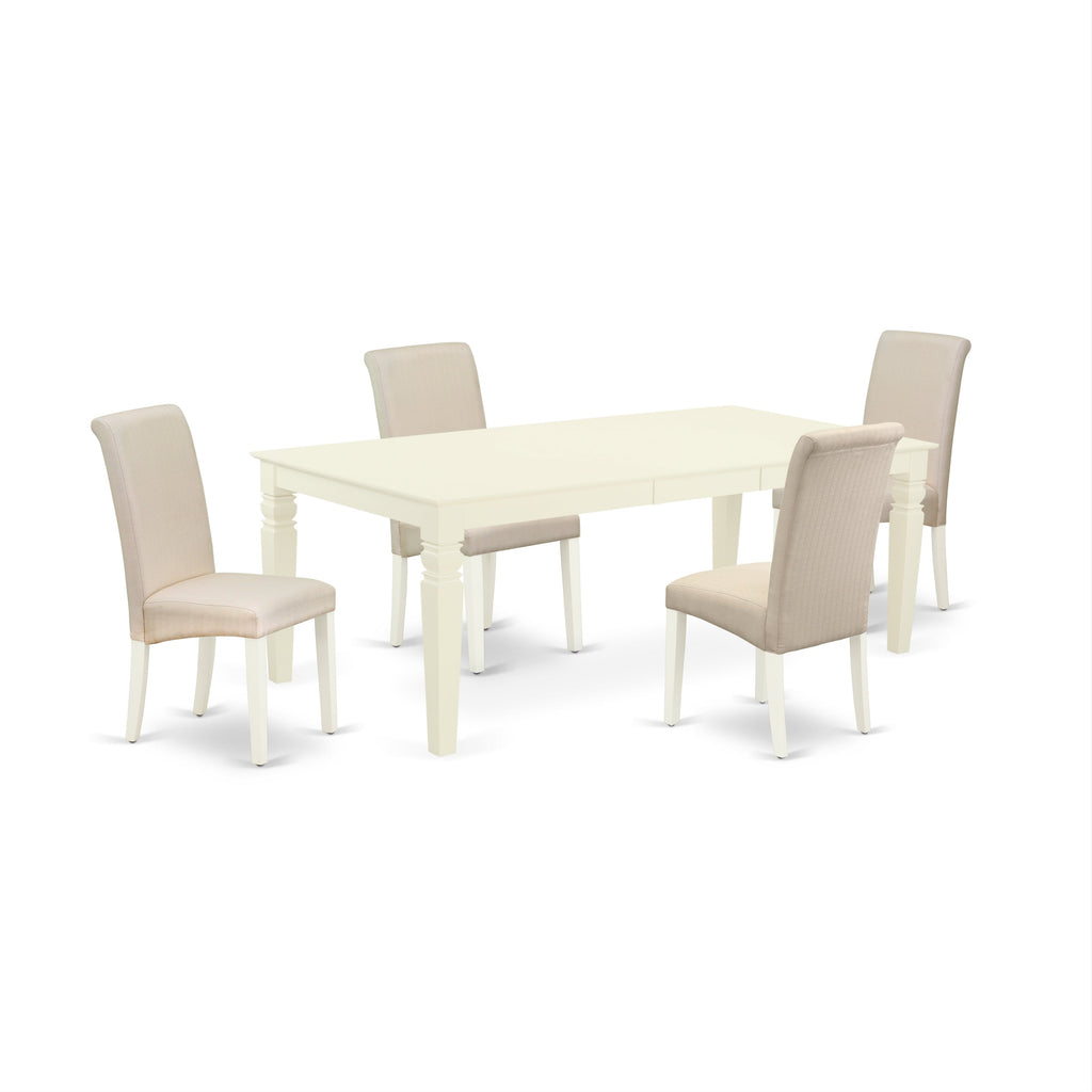 El juego de comedor de 5 piezas East West Furniture LGBA5-LWH-01 incluye una mesa de comedor rectangular con diseño de hojas de mariposa y 4 sillas de comedor Parson de tela de lino color crema.