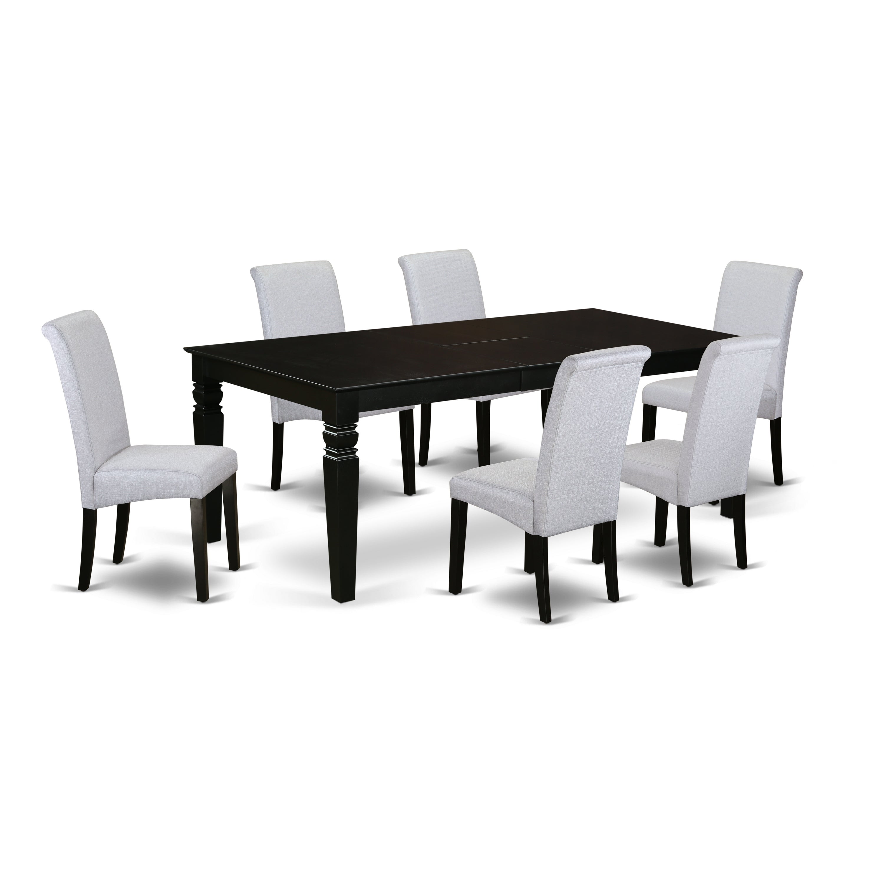 LGBA7-BLK-05 7Pc Dining table with linen grayish blue fabric dining chairs with black chair legs