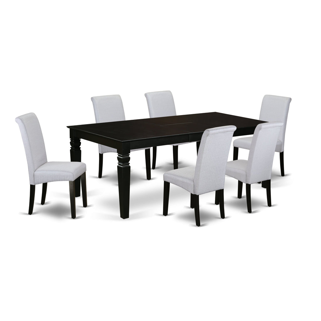 Juego de mesa de comedor East West Furniture LGBA7-BLK-05 de 7 piezas. Incluye una mesa de cocina rectangular con diseño de hojas de mariposa y 6 sillas de comedor Parson de tela de lino gris.