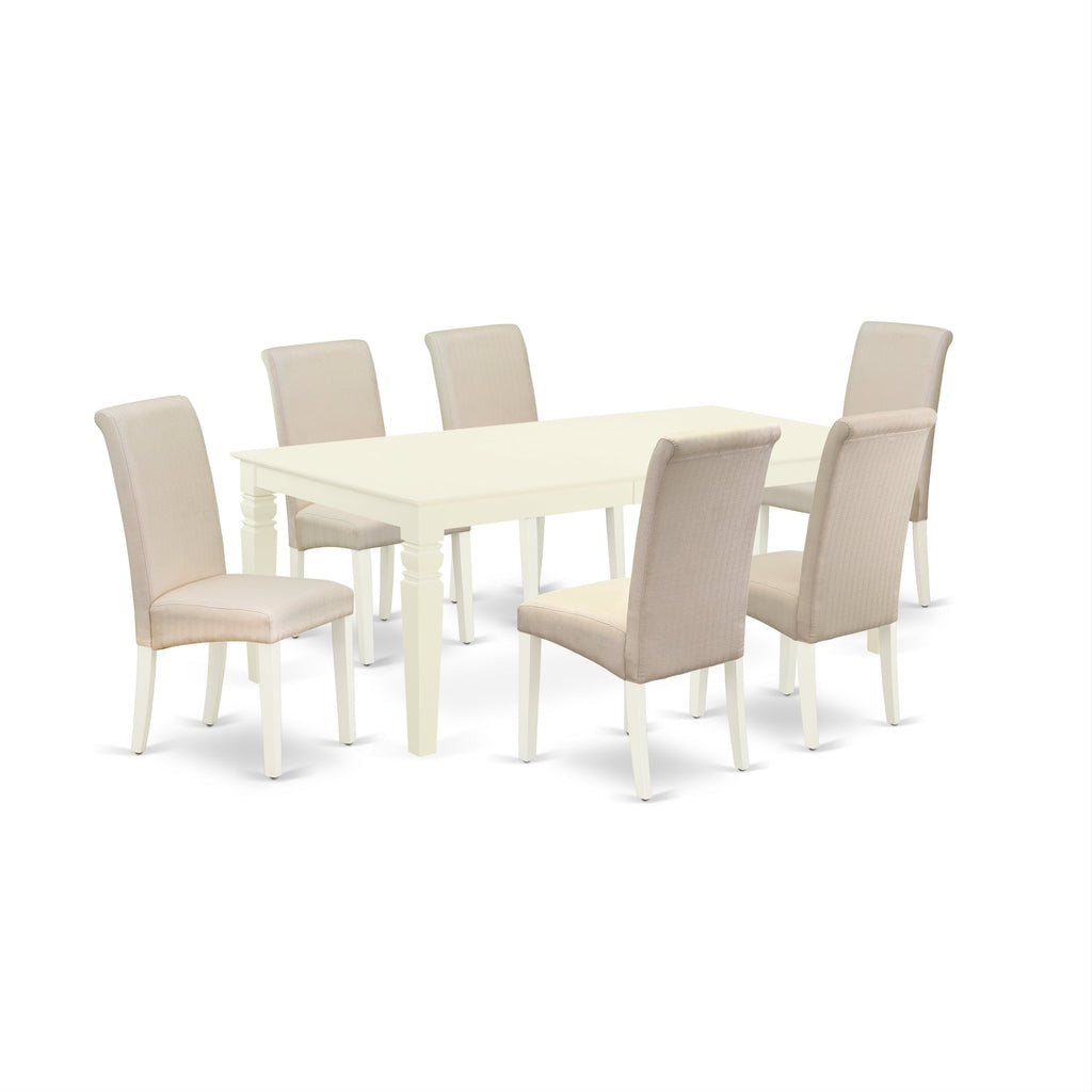 Juego de mesa de comedor East West Furniture LGBA7-LWH-01 de 7 piezas compuesto por una mesa rectangular con diseño de hojas de mariposa y 6 sillas tapizadas en tela de lino color crema.