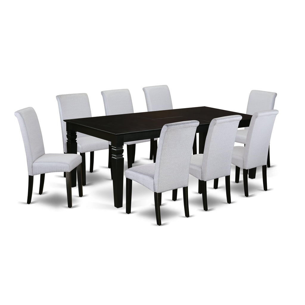 El juego de comedor East West Furniture LGBA9-BLK-05 de 9 piezas incluye una mesa rectangular de madera con diseño de hojas de mariposa y 8 sillas Parsons de tela de lino gris.