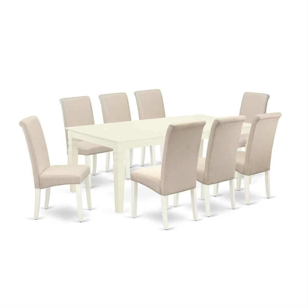 Juego de comedor East West Furniture LGBA9-LWH-01 de 9 piezas. Incluye una mesa rectangular de madera con diseño de hojas de mariposa y 8 sillas de comedor Parson de tela de lino color crema.