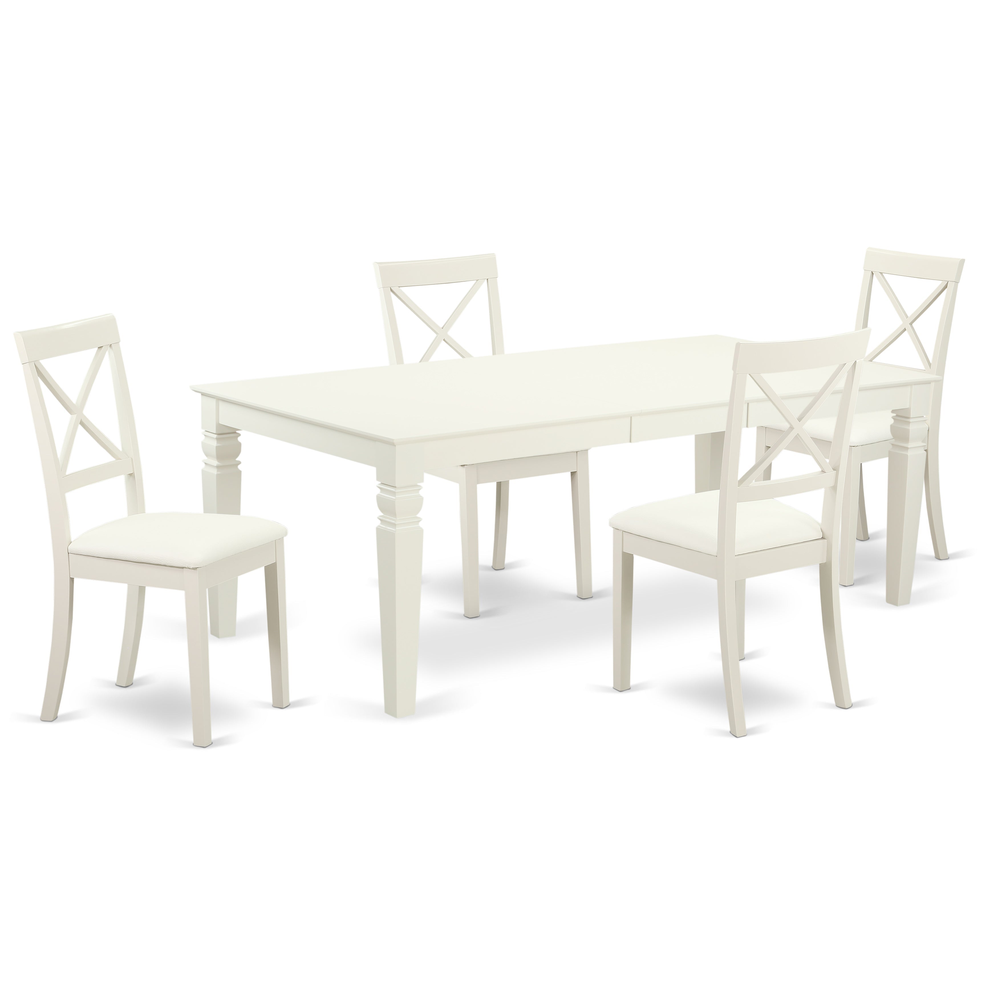El juego de comedor de 5 piezas East West Furniture LGBO5-LWH-LC incluye una mesa de cocina rectangular con diseño de hojas de mariposa y 4 sillas tapizadas en piel sintética.