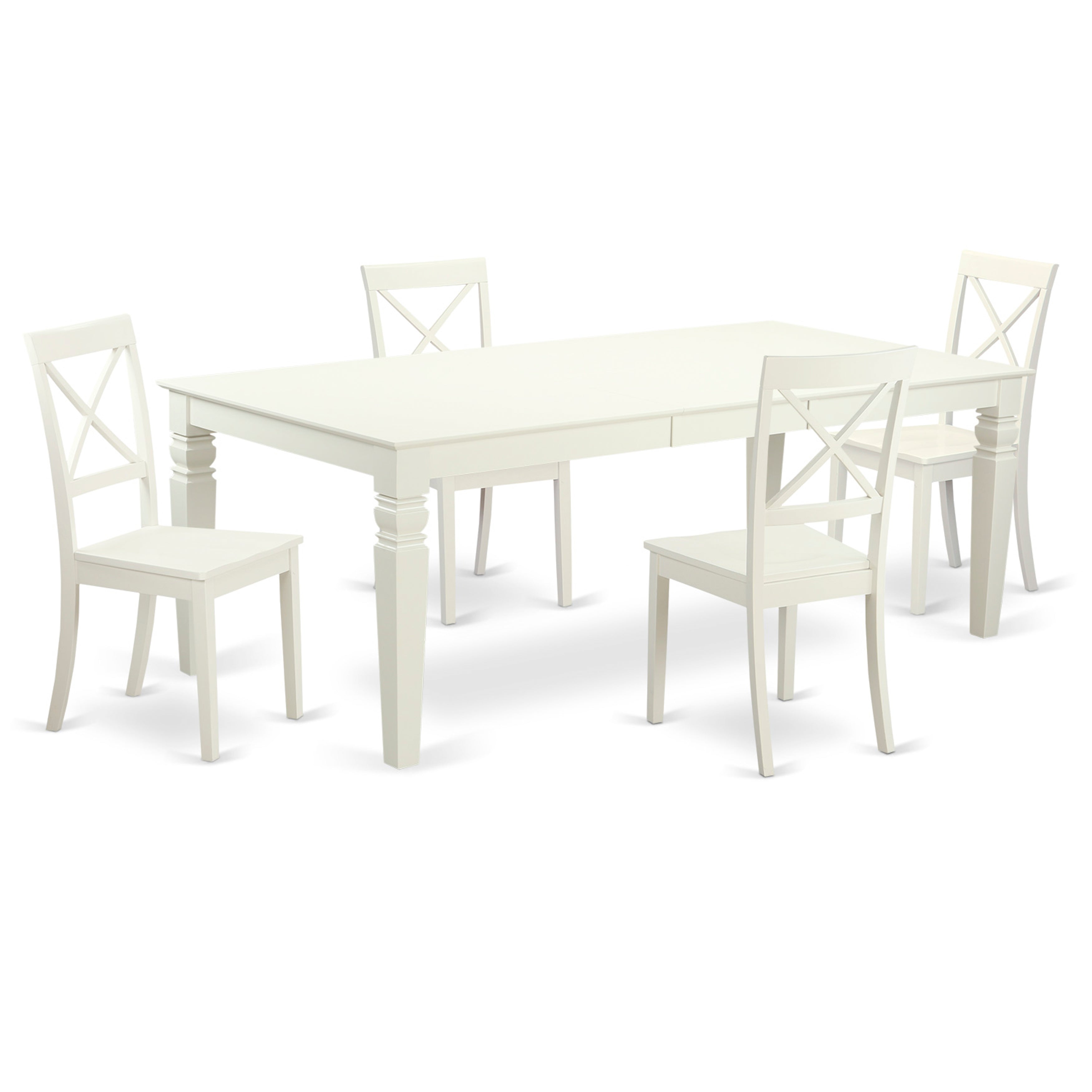 El juego de mesa de comedor moderno East West Furniture LGBO5-LWH-W de 5 piezas incluye una mesa rectangular de madera con diseño de hojas de mariposa y 4 sillas de comedor de cocina.
