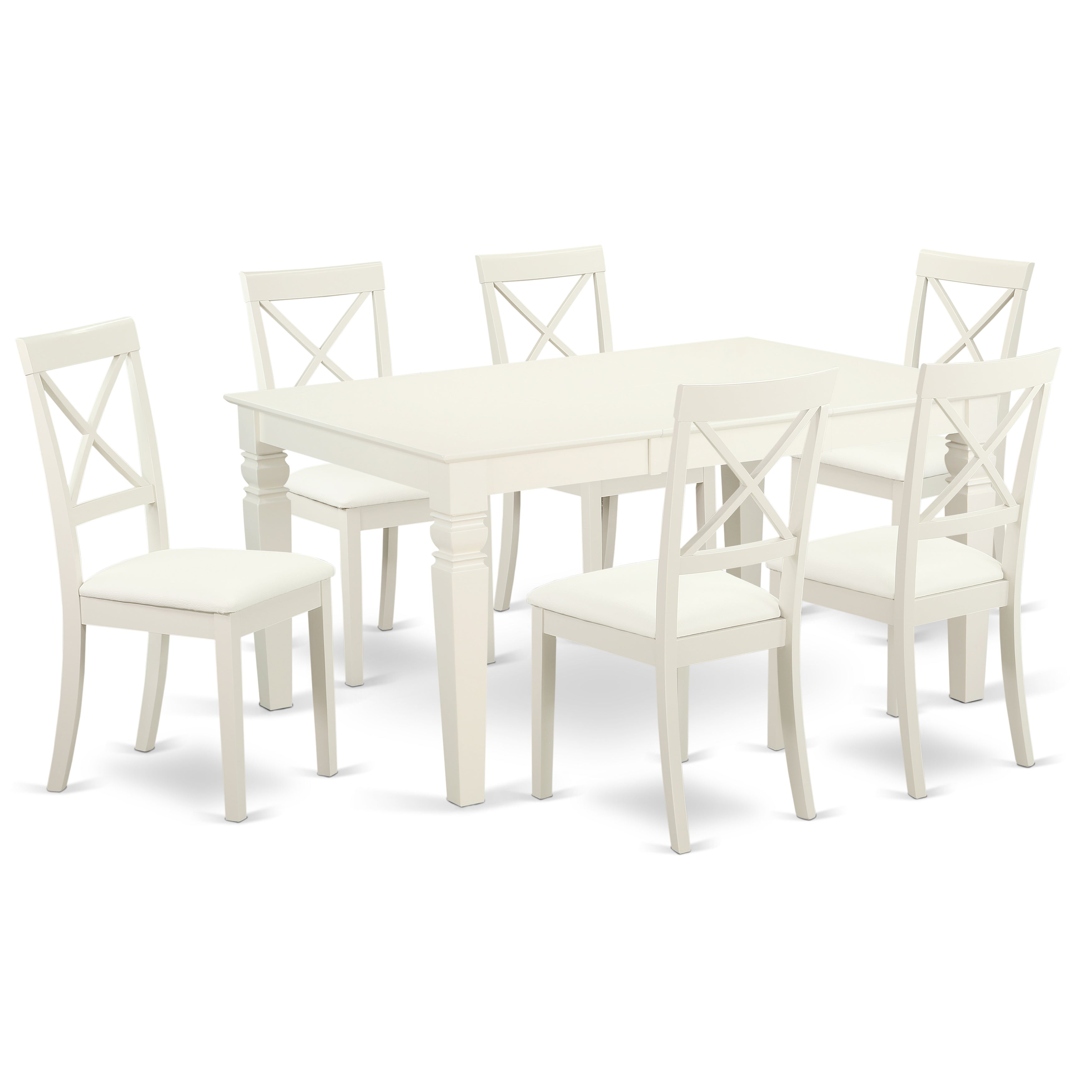 Juego de comedor East West Furniture LGBO7-LWH-LC de 7 piezas compuesto por una mesa rectangular con diseño de hojas de mariposa y 6 sillas tapizadas en piel sintética.