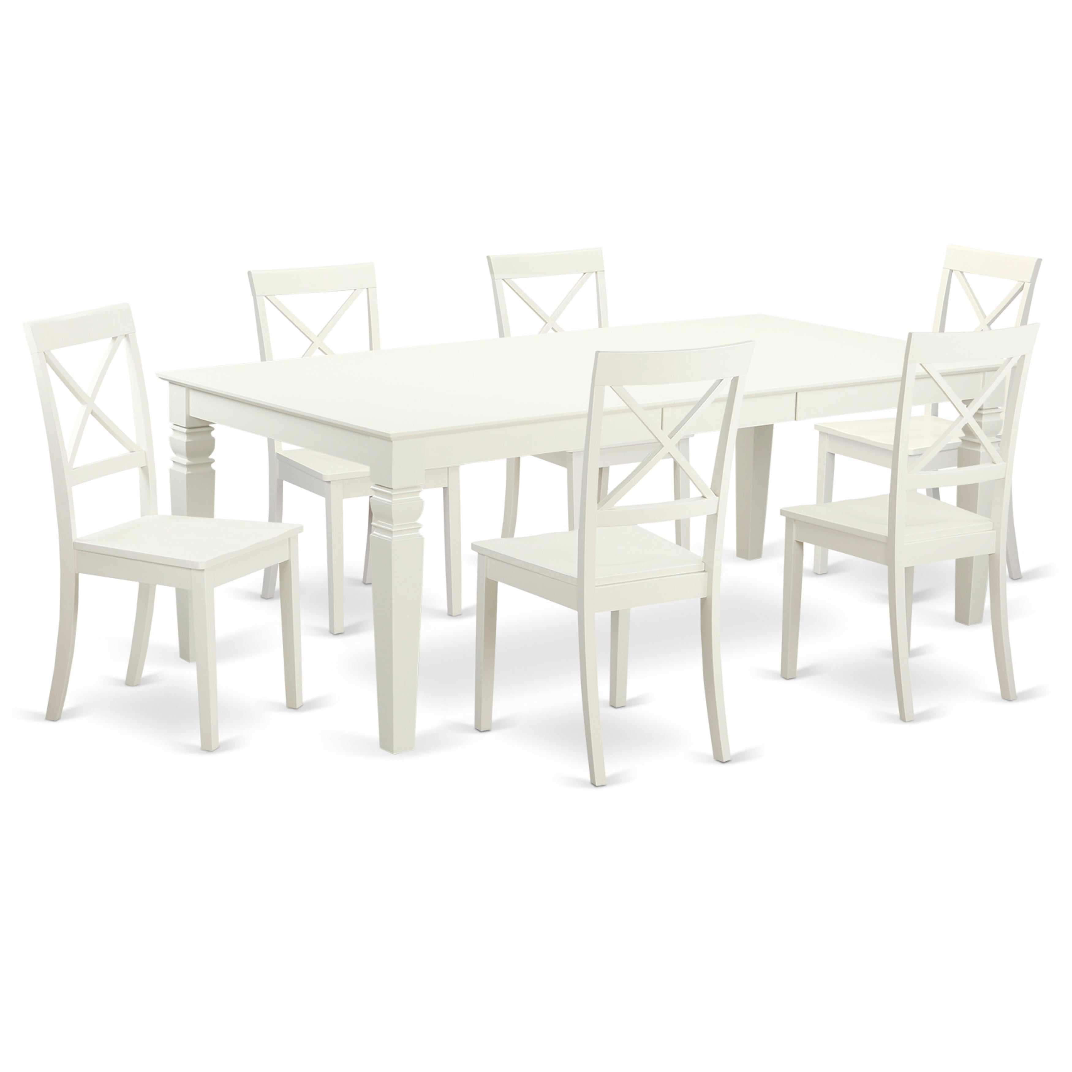Juego de mesa de cocina East West Furniture LGBO7-LWH-W de 7 piezas compuesto por una mesa de comedor rectangular con hojas de mariposa y 6 sillas de comedor.