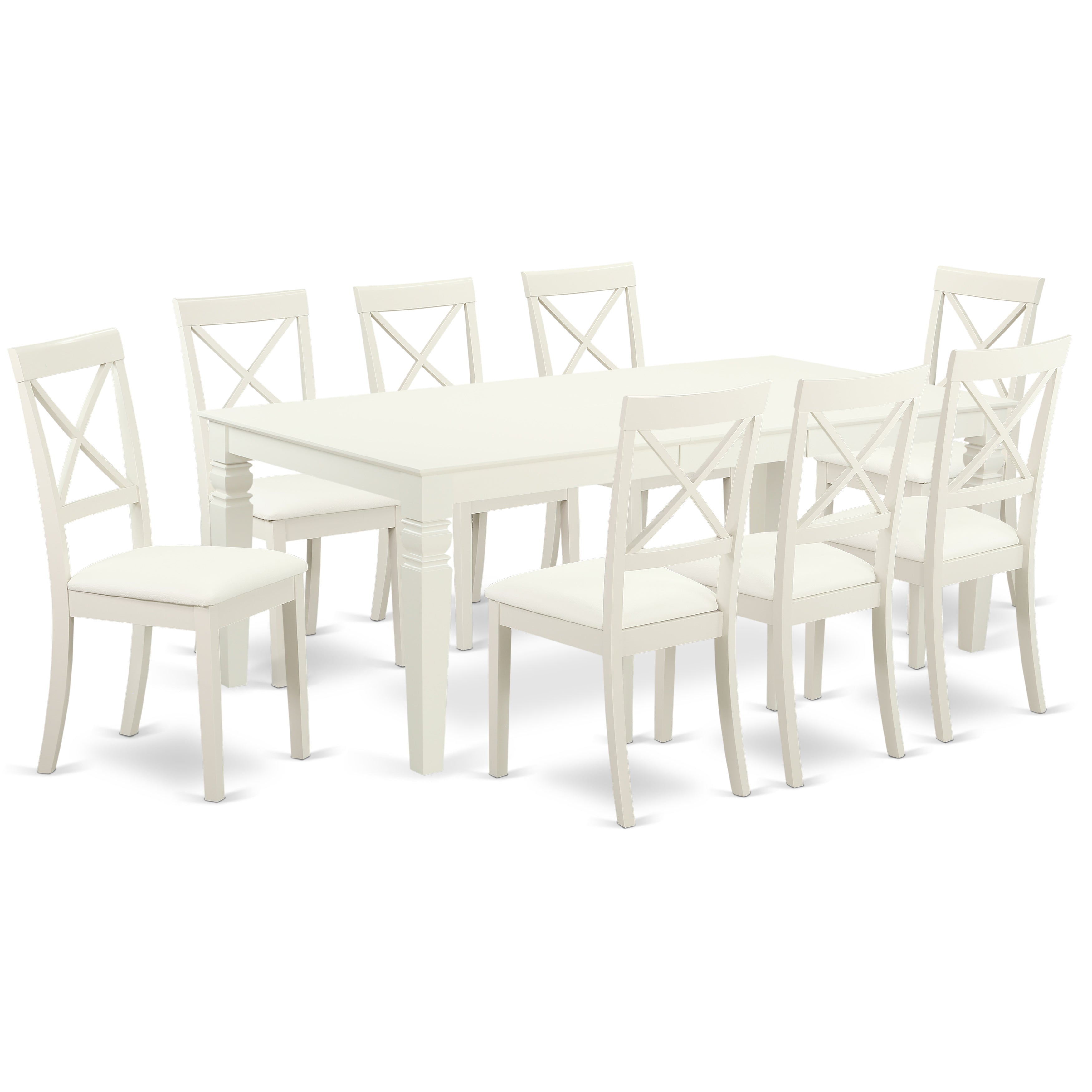 El juego de mesa de cocina East West Furniture LGBO9-LWH-LC de 9 piezas incluye una mesa de comedor rectangular con diseño de hojas de mariposa y 8 sillas de comedor de piel sintética.