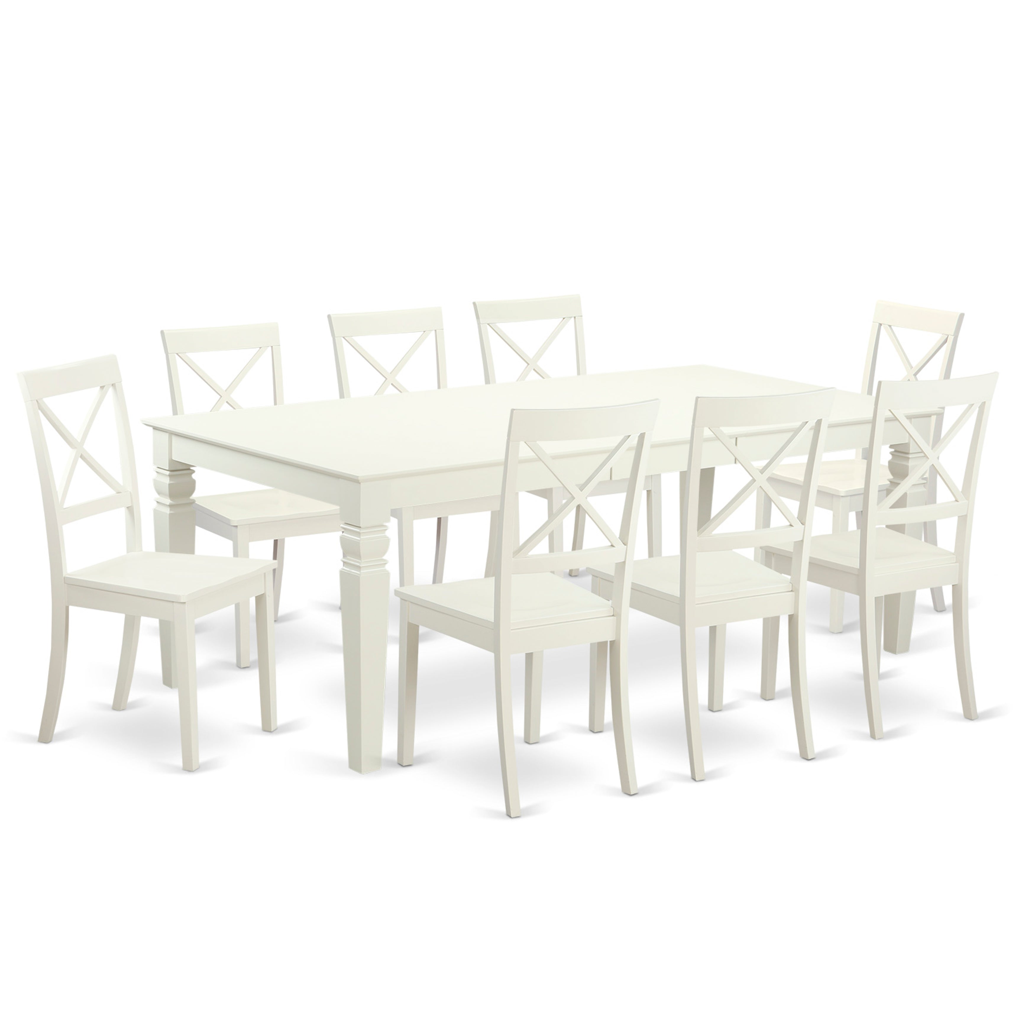 Juego de mesa y sillas de cocina East West Furniture LGBO9-LWH-W de 9 piezas. Incluye una mesa de comedor rectangular con diseño de hojas de mariposa y 8 sillas de comedor.