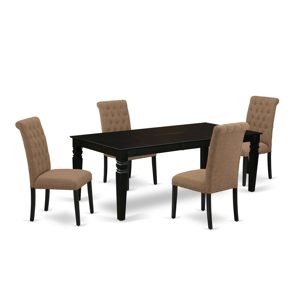 Juego de comedor de 5 piezas East West Furniture LGBR5-BLK-17. Incluye una mesa de comedor rectangular con diseño de hojas de mariposa y 4 sillas tapizadas en tela de lino color sable claro.