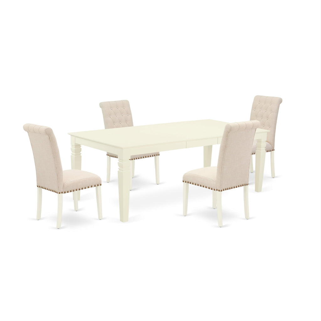 El juego de mesa de comedor de 5 piezas East West Furniture LGBR5-LWH-02 incluye una mesa de cocina rectangular con diseño de hojas de mariposa y 4 sillas Parson de tela de lino beige claro.
