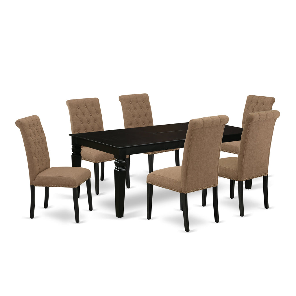 East West Furniture LGBR7-BLK-17 7 Piece Dining Room Table Set Consist of a Rectangle Kitchen Table with Butterfly Leaf and 6 Light Sable Linen Fabric Parsons Chairs