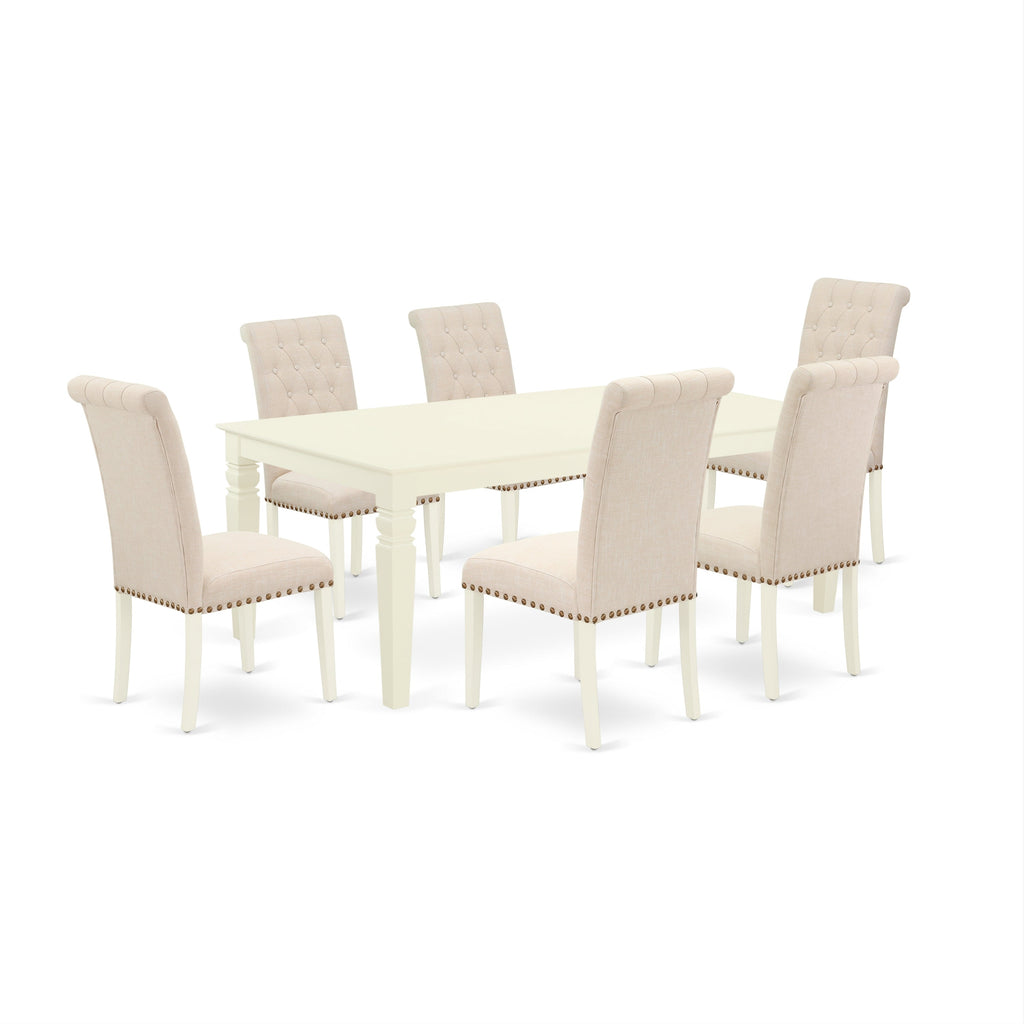 Juego de mesa de comedor East West Furniture LGBR7-LWH-02 de 7 piezas compuesto por una mesa rectangular con diseño de hojas de mariposa y 6 sillas Parson de tela de lino beige claro.