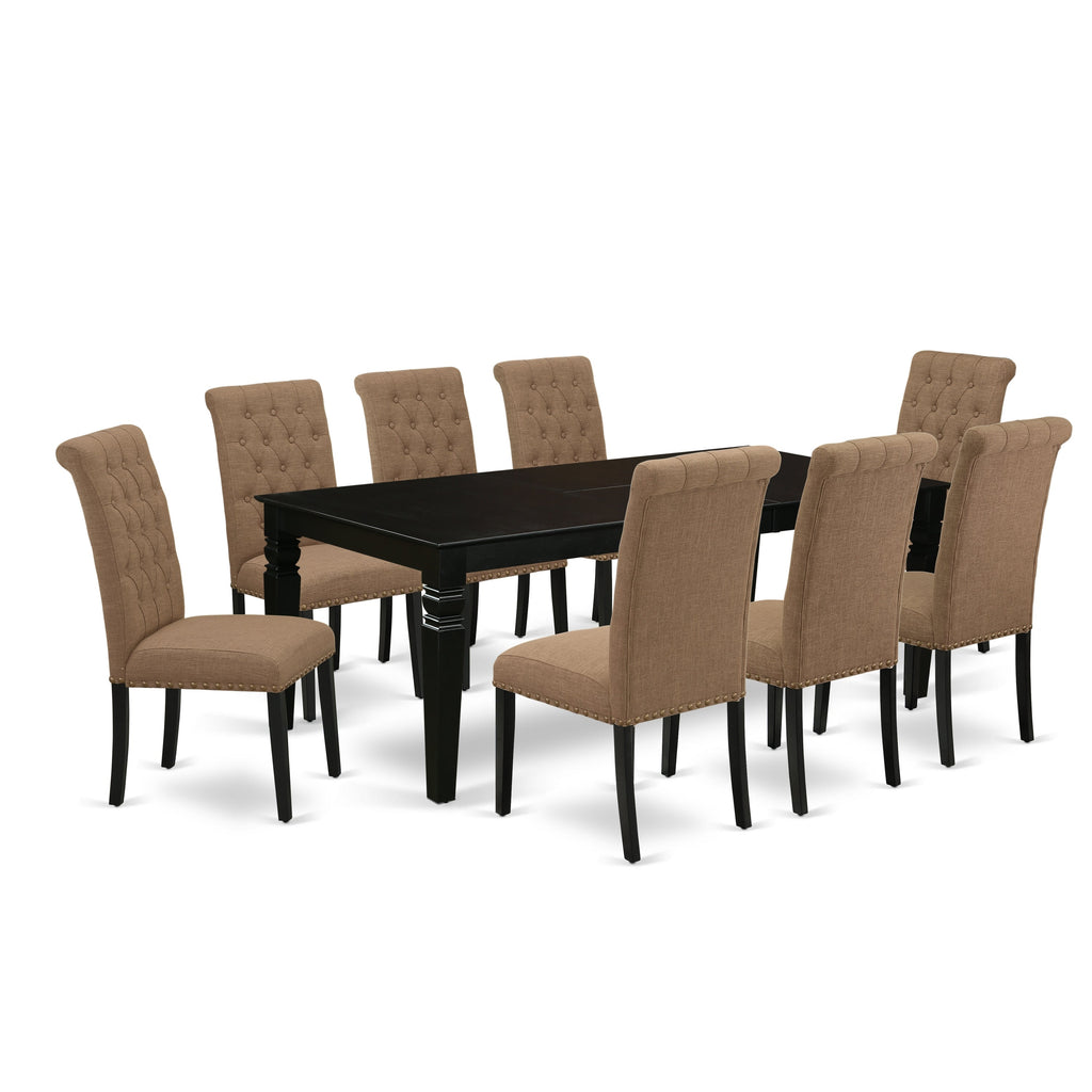 East West Furniture LGBR9-BLK-17 9 Piece Dining Room Table Set Includes a Rectangle Butterfly Leaf Kitchen Table and 8 Light Sable Linen Fabric Upholstered Chairs