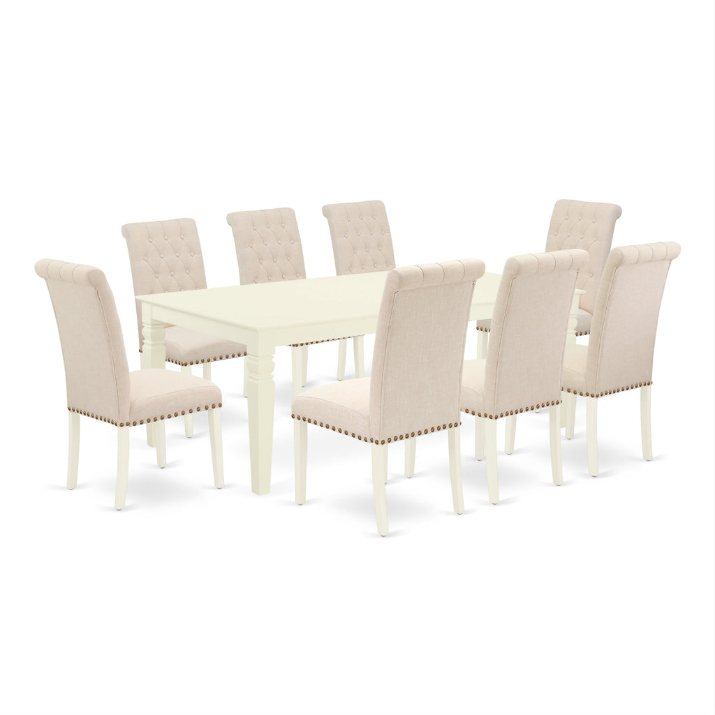 Juego de comedor East West Furniture LGBR9-LWH-02 de 9 piezas. Incluye una mesa de cocina rectangular con diseño de hojas de mariposa y 8 sillas tapizadas en tela de lino beige claro.