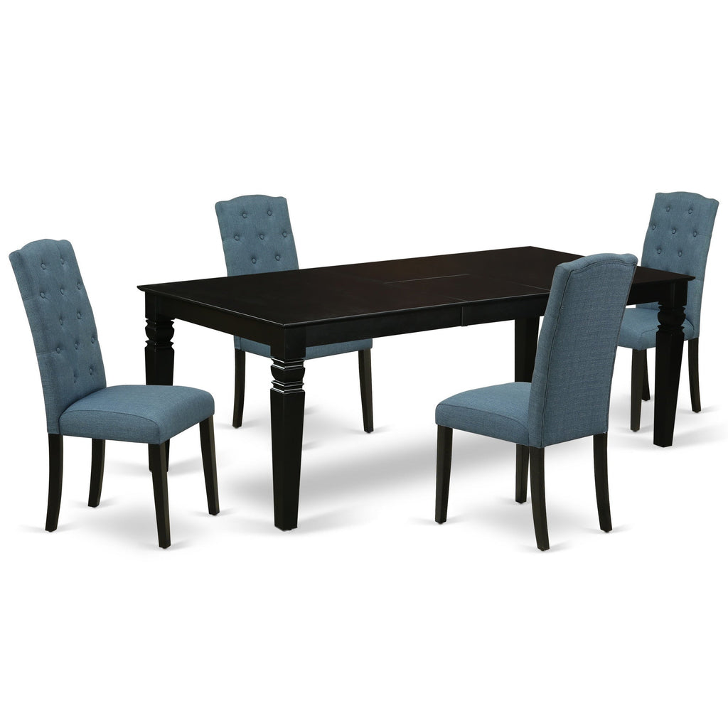 East West Furniture LGCE5-BLK-21 5 Piece Dining Table Set for 4 Includes a Rectangle Kitchen Table with Butterfly Leaf and 4 Mineral Blue Linen Fabric Parson Chairs