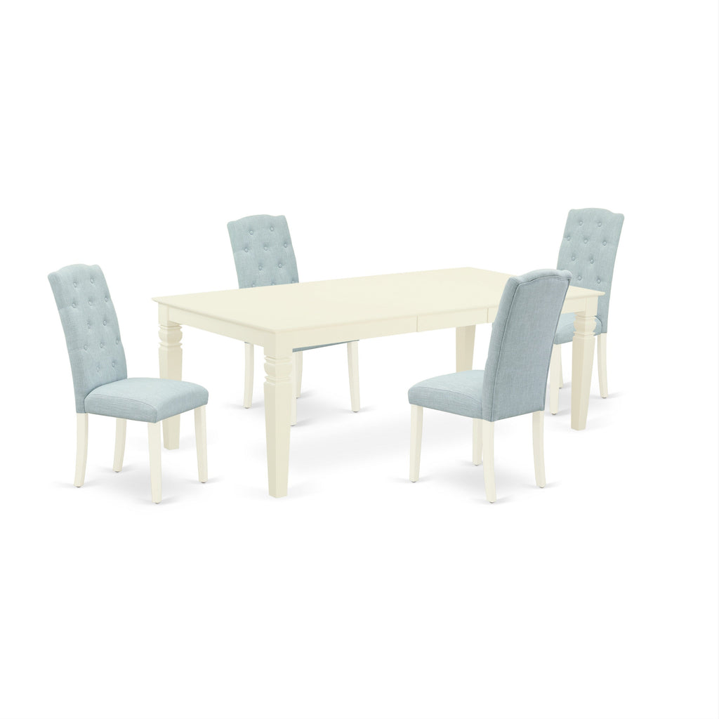 East West Furniture LGCE5-LWH-15 5 Piece Kitchen Table Set for 4 Includes a Rectangle Butterfly Leaf Dining Table and 4 Baby Blue Linen Fabric Upholstered Chairs