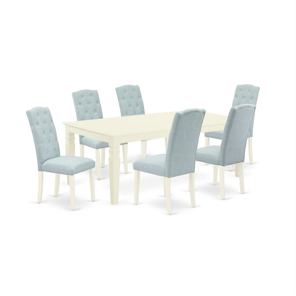 Juego de mesa de comedor moderna East West Furniture LGCE7-LWH-15 de 7 piezas. Incluye una mesa rectangular de madera con diseño de hojas de mariposa y 6 sillas Parson de tela de lino azul bebé.