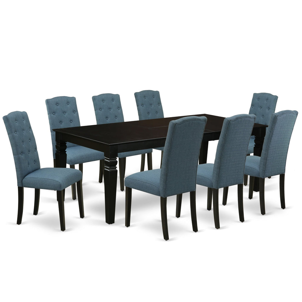 El juego de mesa de comedor East West Furniture LGCE9-BLK-21 de 9 piezas incluye una mesa de cocina rectangular con diseño de hojas de mariposa y 8 sillas tapizadas en tela de lino azul mineral.