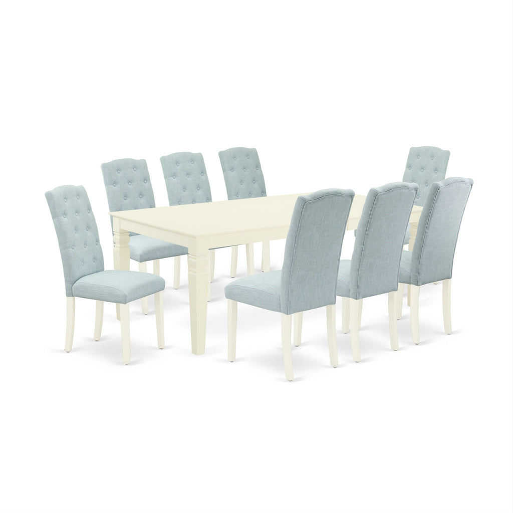 El juego de mesa de comedor East West Furniture LGCE9-LWH-15 de 9 piezas incluye una mesa de cocina rectangular con diseño de hojas de mariposa y 8 sillas Parsons de tela de lino azul bebé.