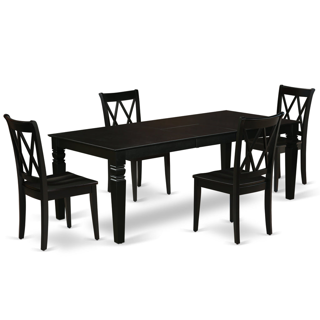 Juego de mesa y sillas de cocina de 5 piezas East West Furniture LGCL5-BLK-W. Incluye una mesa de comedor rectangular con diseño de hojas de mariposa y 4 sillas de madera maciza.