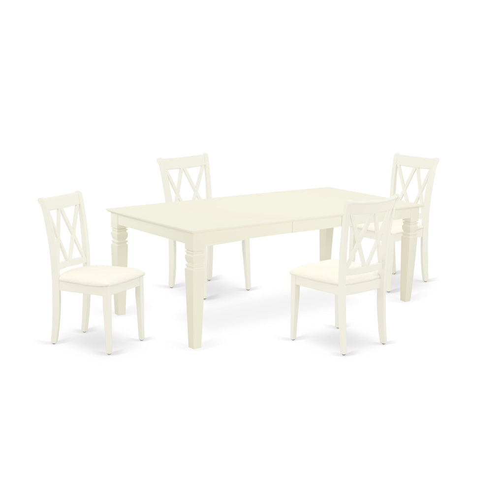 Juego de mesa y sillas de cocina de 5 piezas LGCL5-LWH-C de East West Furniture. Incluye una mesa de comedor rectangular con diseño de hojas de mariposa y 4 sillas de comedor de tela de lino.