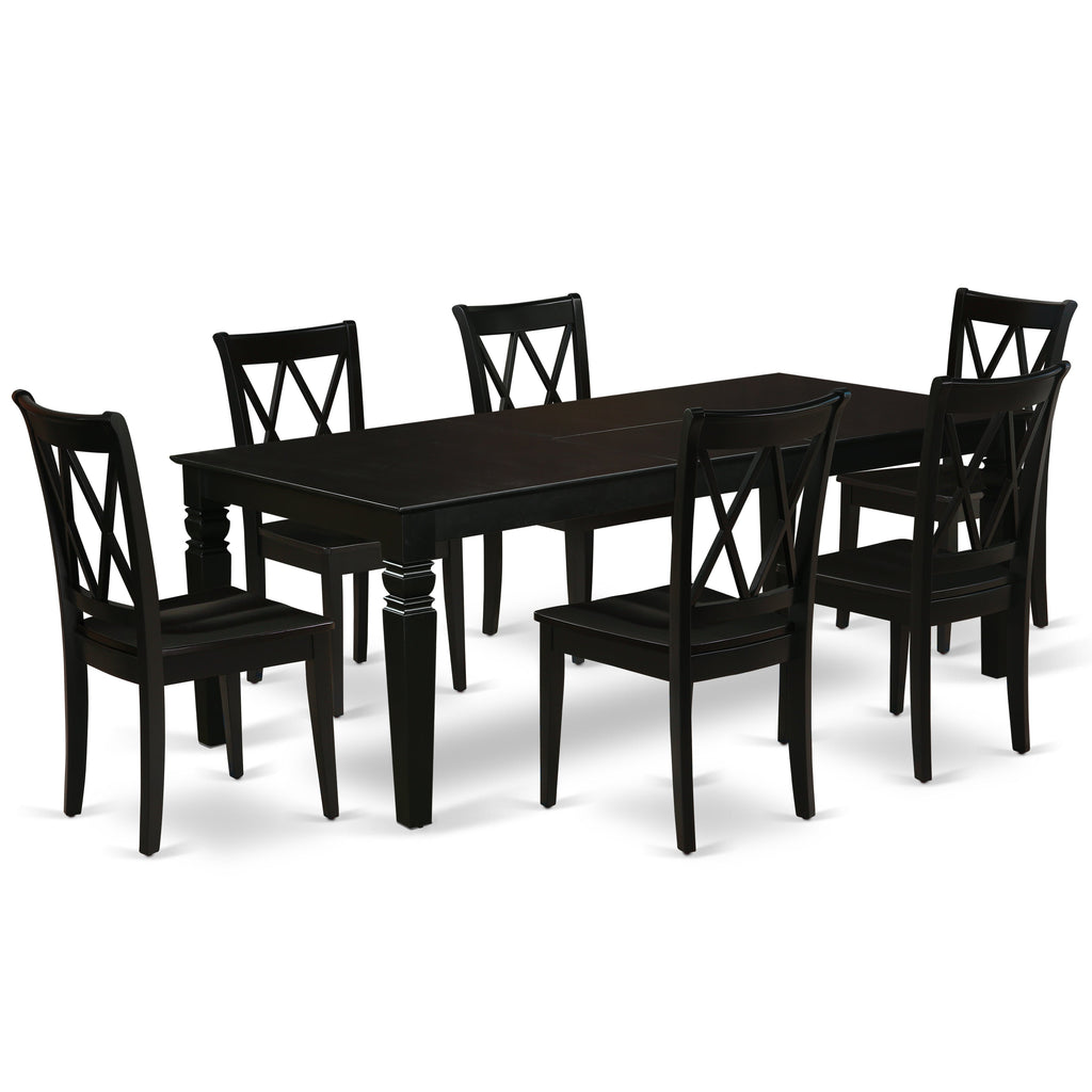 Juego de mesa de comedor East West Furniture LGCL7-BLK-W de 7 piezas compuesto por una mesa de comedor rectangular con hojas de mariposa y 6 sillas con asiento de madera.