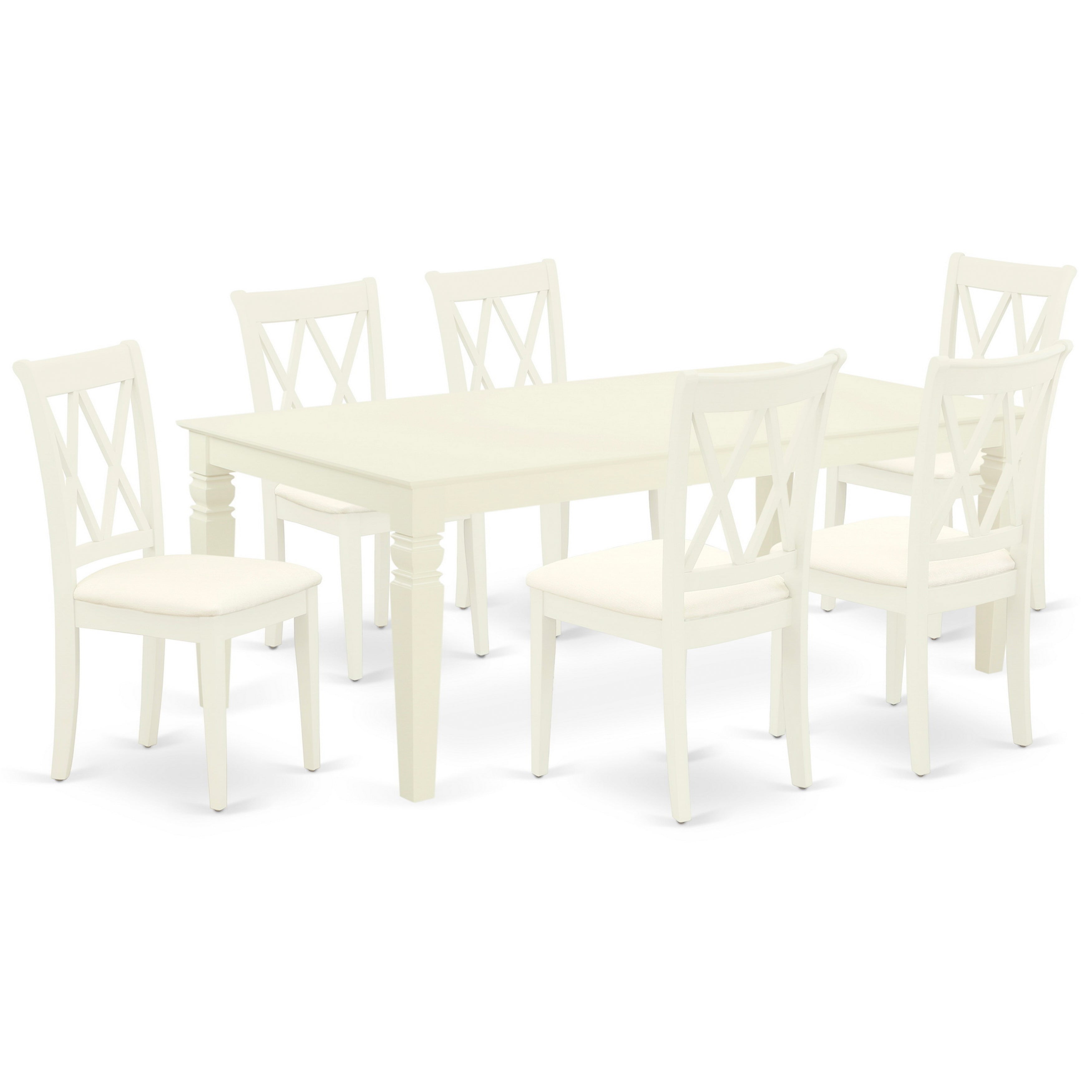 LGCL7-LWH-C 7Pc Dinette Set Includes a Rectangular Kitchen Table with Butterfly Leaf and Six Double X Back Linen Seat Dining Chairs, Linen White Finish