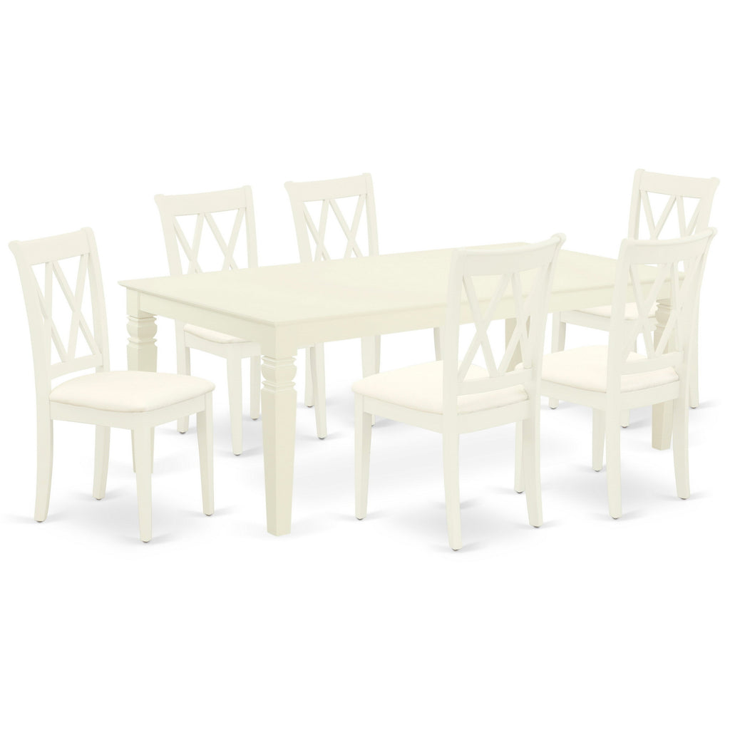 Juego de mesa de comedor East West Furniture LGCL7-LWH-C de 7 piezas. Incluye una mesa de cocina rectangular con diseño de hojas de mariposa y 6 sillas tapizadas en tela de lino.