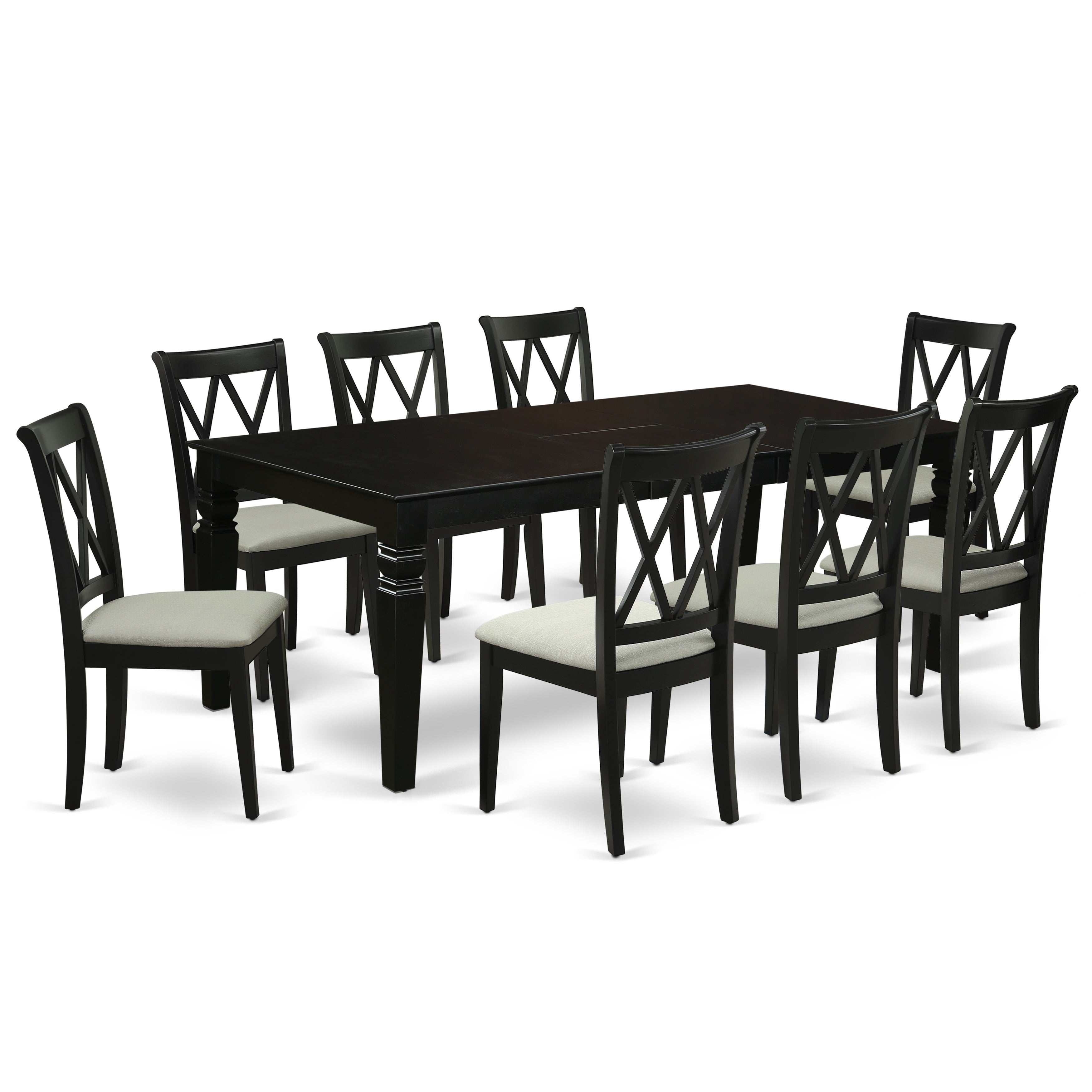 LGCL9-BLK-C 9Pc Dining Set Includes a Rectangle Dining Table with Butterfly Leaf and Eight Double X Back Linen Seat Kitchen Chairs, Black Finish