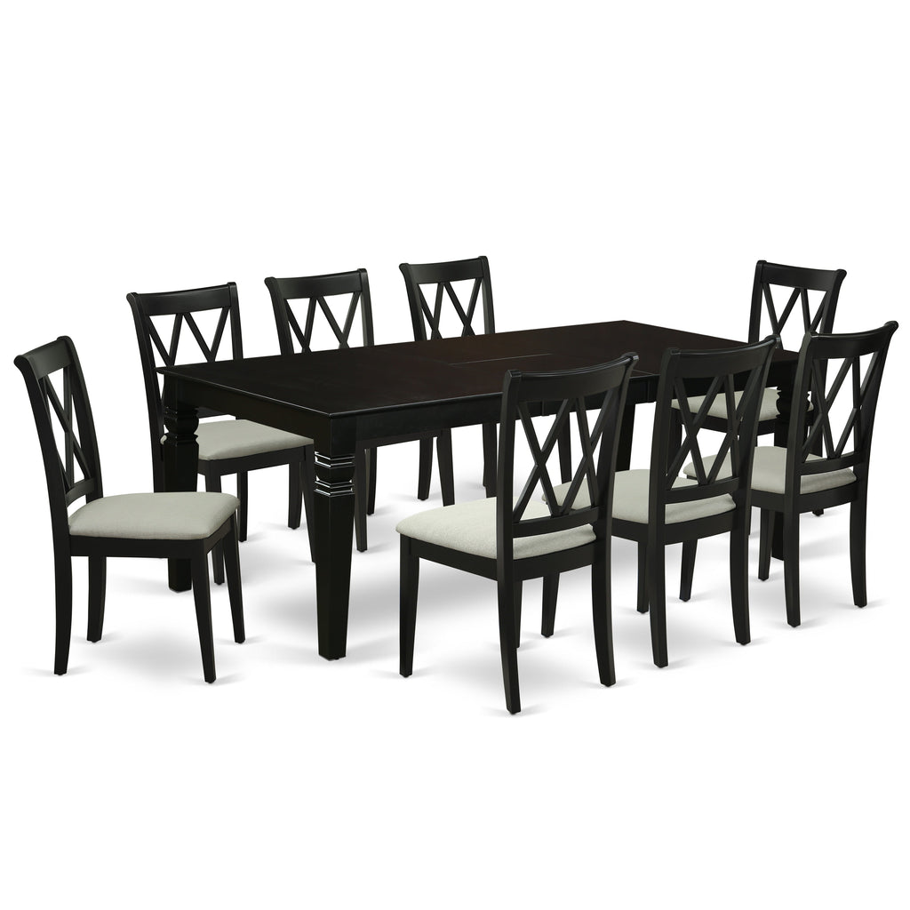East West Furniture LGCL9-BLK-C 9 Piece Dining Room Table Set Includes a Rectangle Kitchen Table with Butterfly Leaf and 8 Linen Fabric Upholstered Dining Chairs, 42x84 Inch, Black