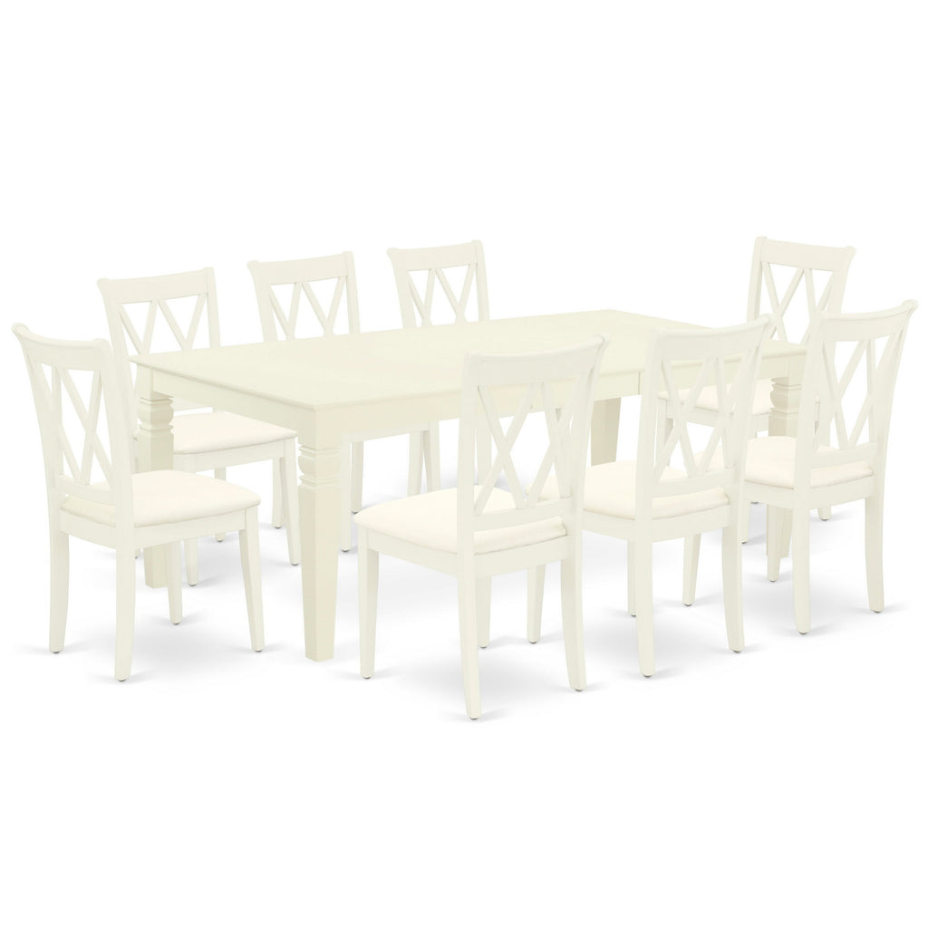 East West Furniture LGCL9-LWH-C 9 Piece Modern Dining Table Set Includes a Rectangle Wooden Table with Butterfly Leaf and 8 Linen Fabric Dining Room Chairs