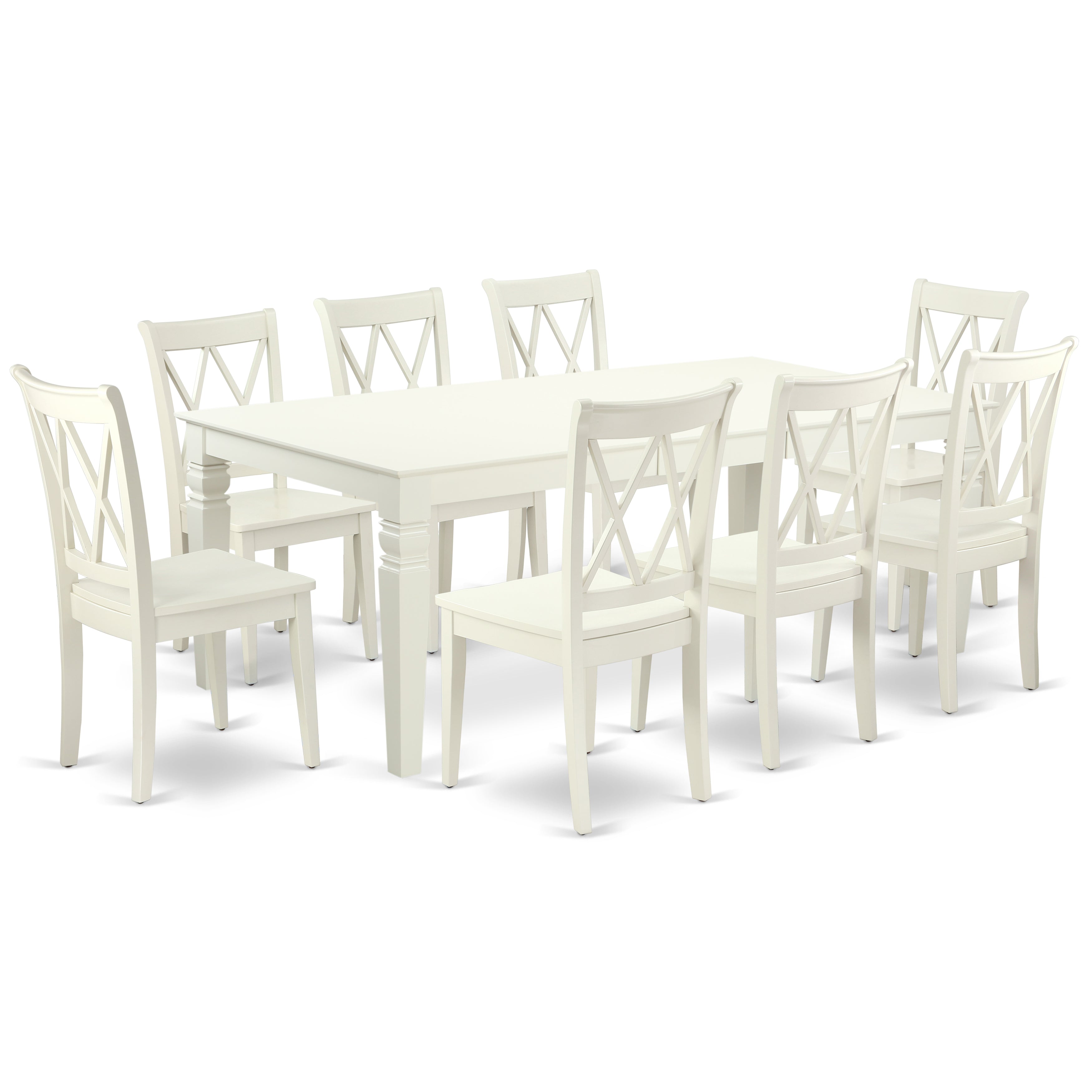 El juego de mesa de comedor East West Furniture LGCL9-LWH-W de 9 piezas incluye una mesa de comedor rectangular con hojas de mariposa y 8 sillas con asiento de madera.