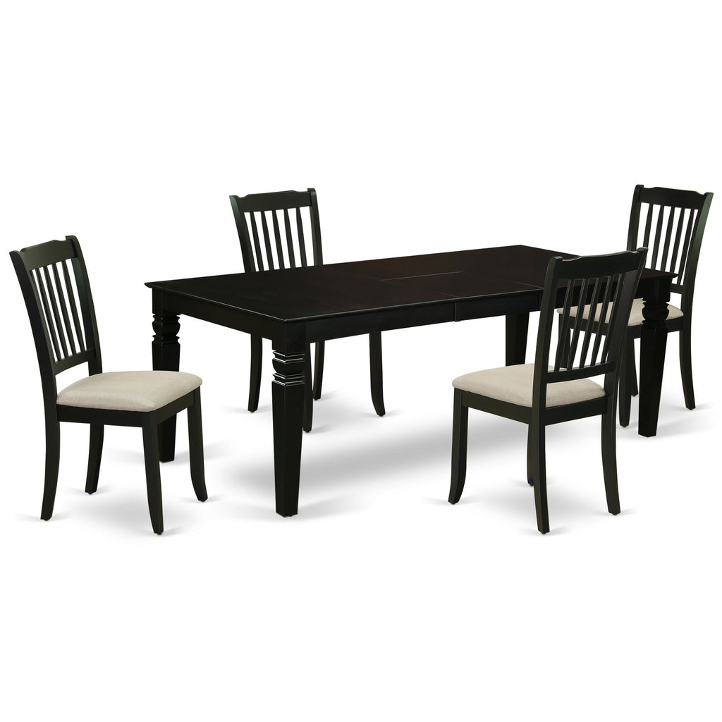 El juego de comedor de 5 piezas LGDA5-BLK-C de East West Furniture incluye una mesa de comedor rectangular con diseño de hojas de mariposa y 4 sillas de comedor tapizadas en tela de lino.