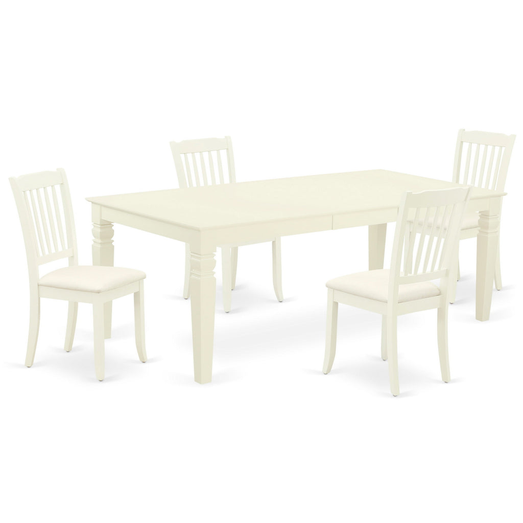 El juego de mesa de comedor de 5 piezas East West Furniture LGDA5-LWH-C incluye una mesa de cocina rectangular con diseño de hojas de mariposa y 4 sillas de comedor tapizadas en tela de lino.
