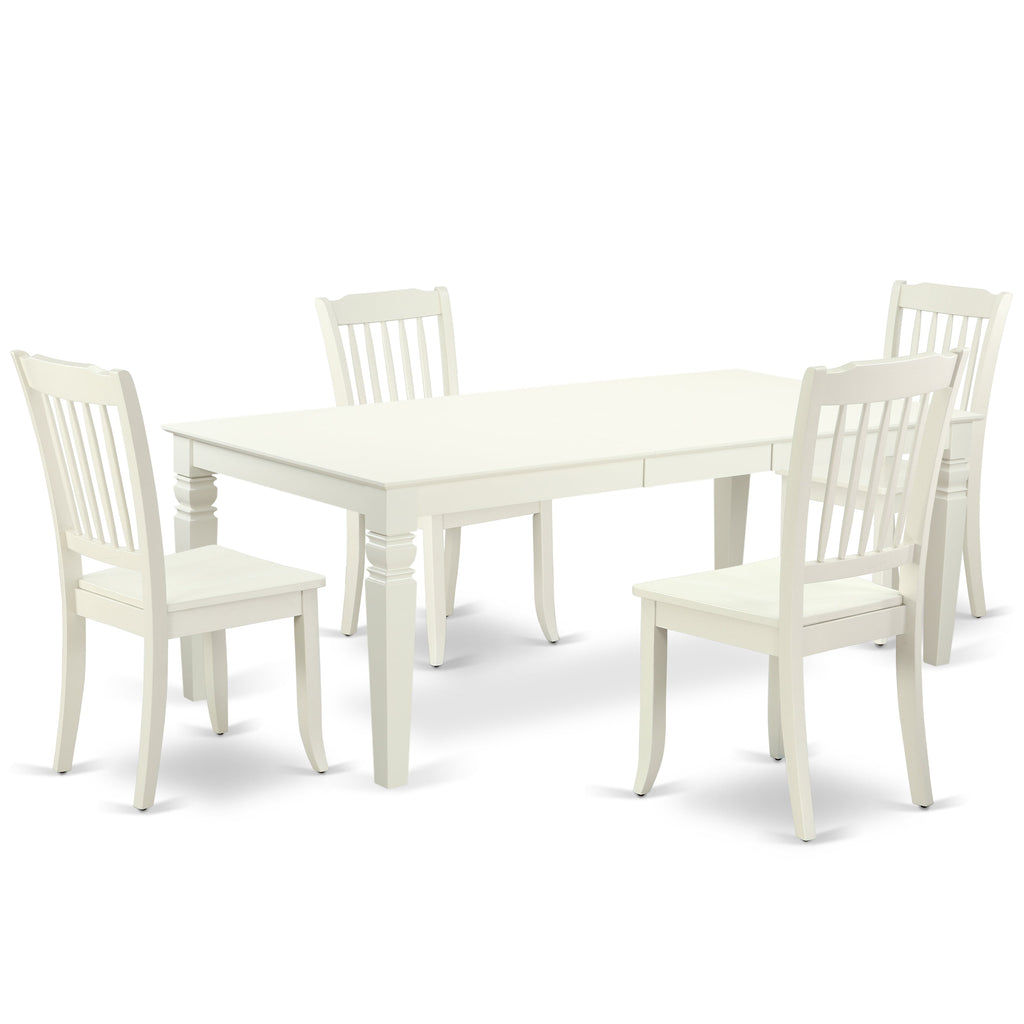 Juego de mesa de cocina de 5 piezas East West Furniture LGDA5-LWH-W para 4 personas. Incluye una mesa de comedor rectangular con diseño de hojas de mariposa y 4 sillas de madera maciza.